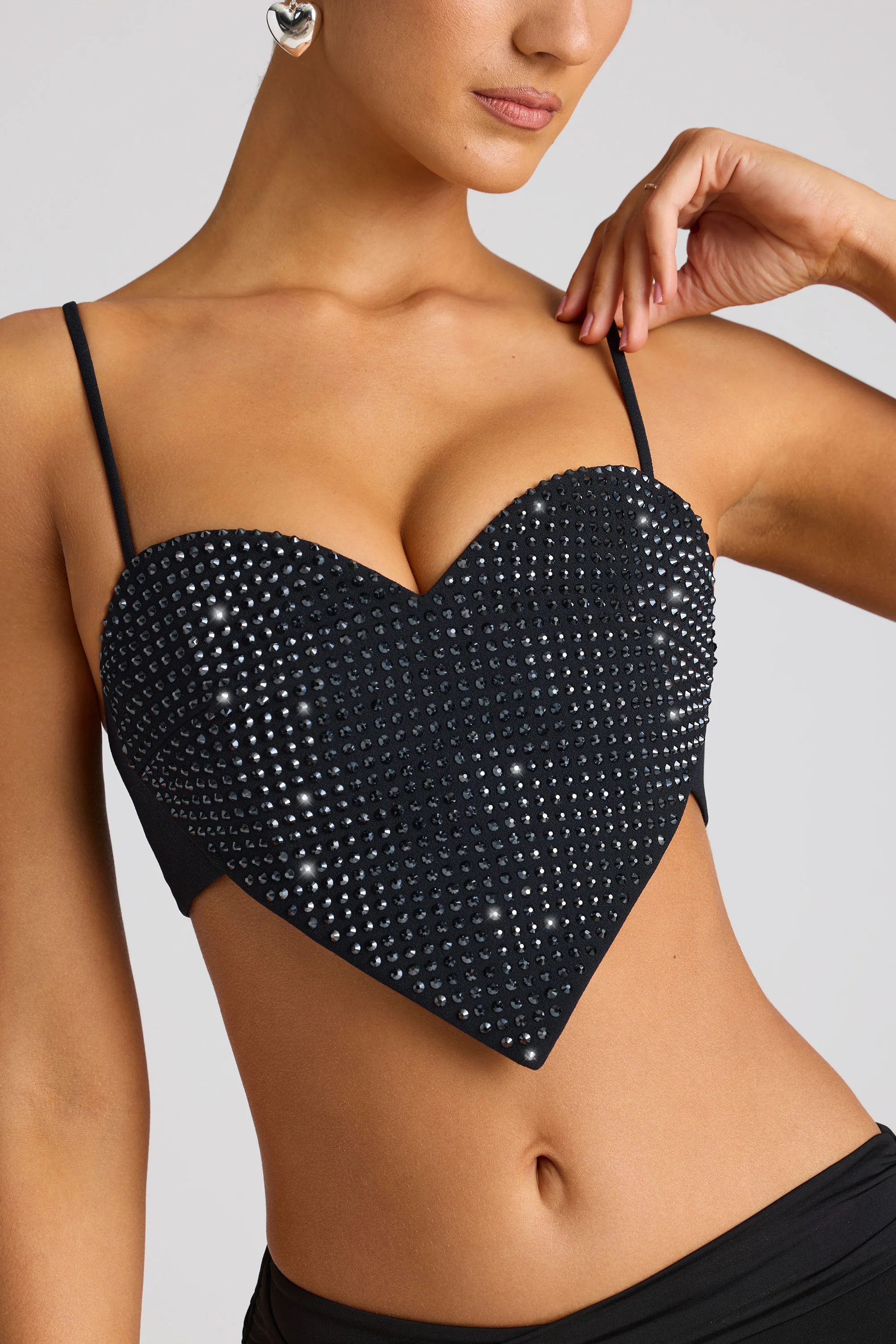 Embellished Statement Heart Shaped Crop Top in Black - Image 4