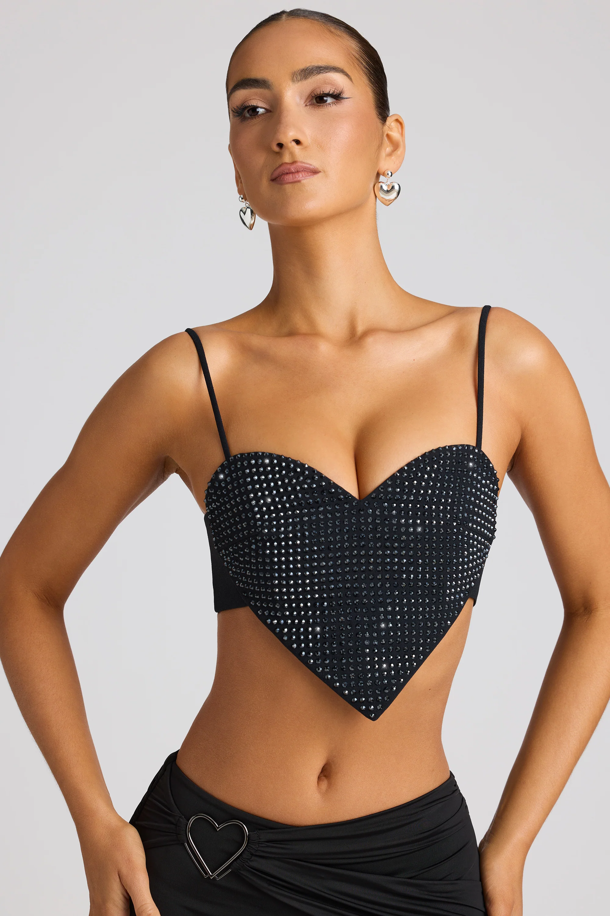 Embellished Statement Heart Shaped Crop Top in Black - Image 5