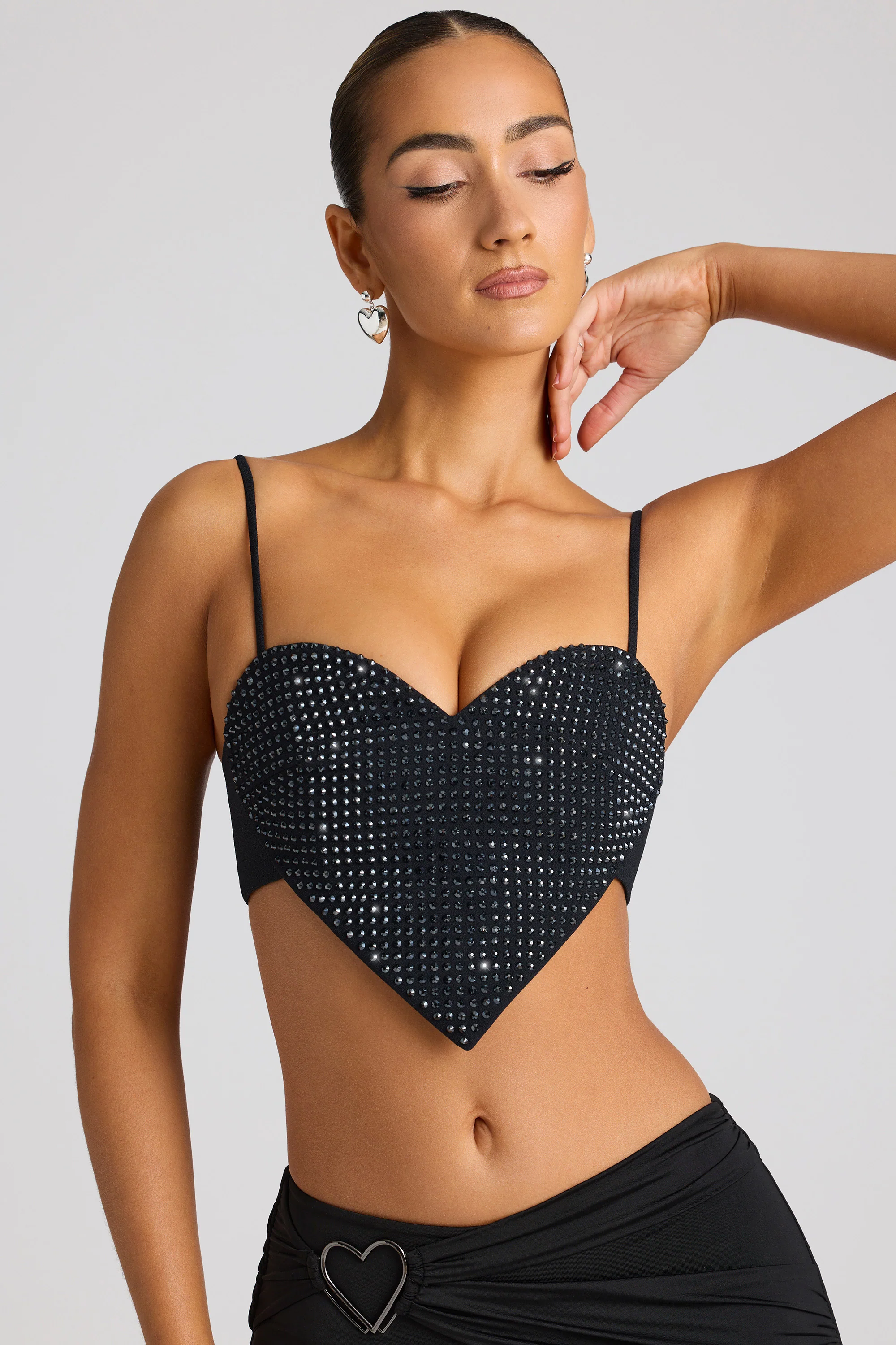 Embellished Statement Heart Shaped Crop Top in Black - Image 7