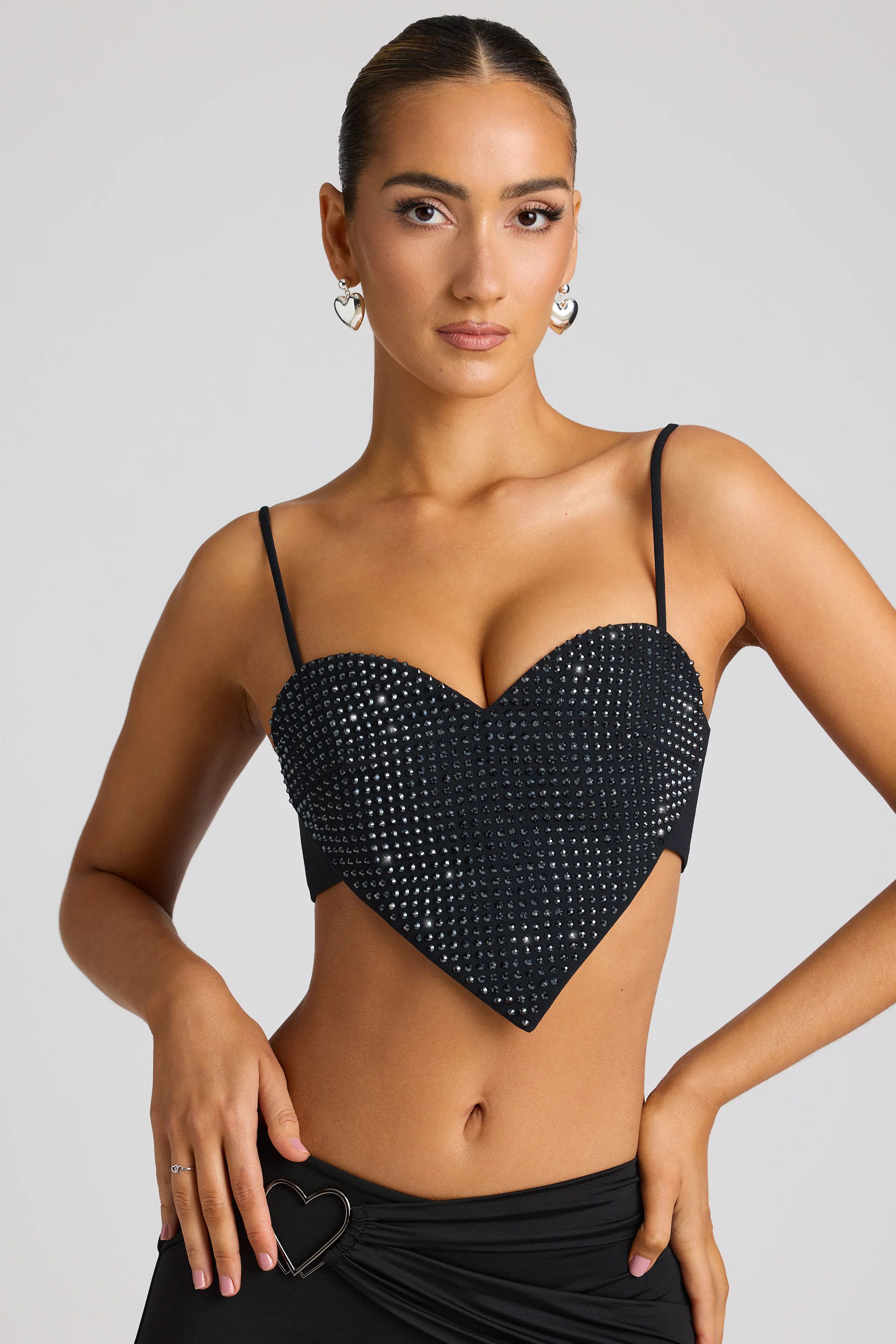 Embellished Statement Heart Shaped Crop Top in Black - Image 9