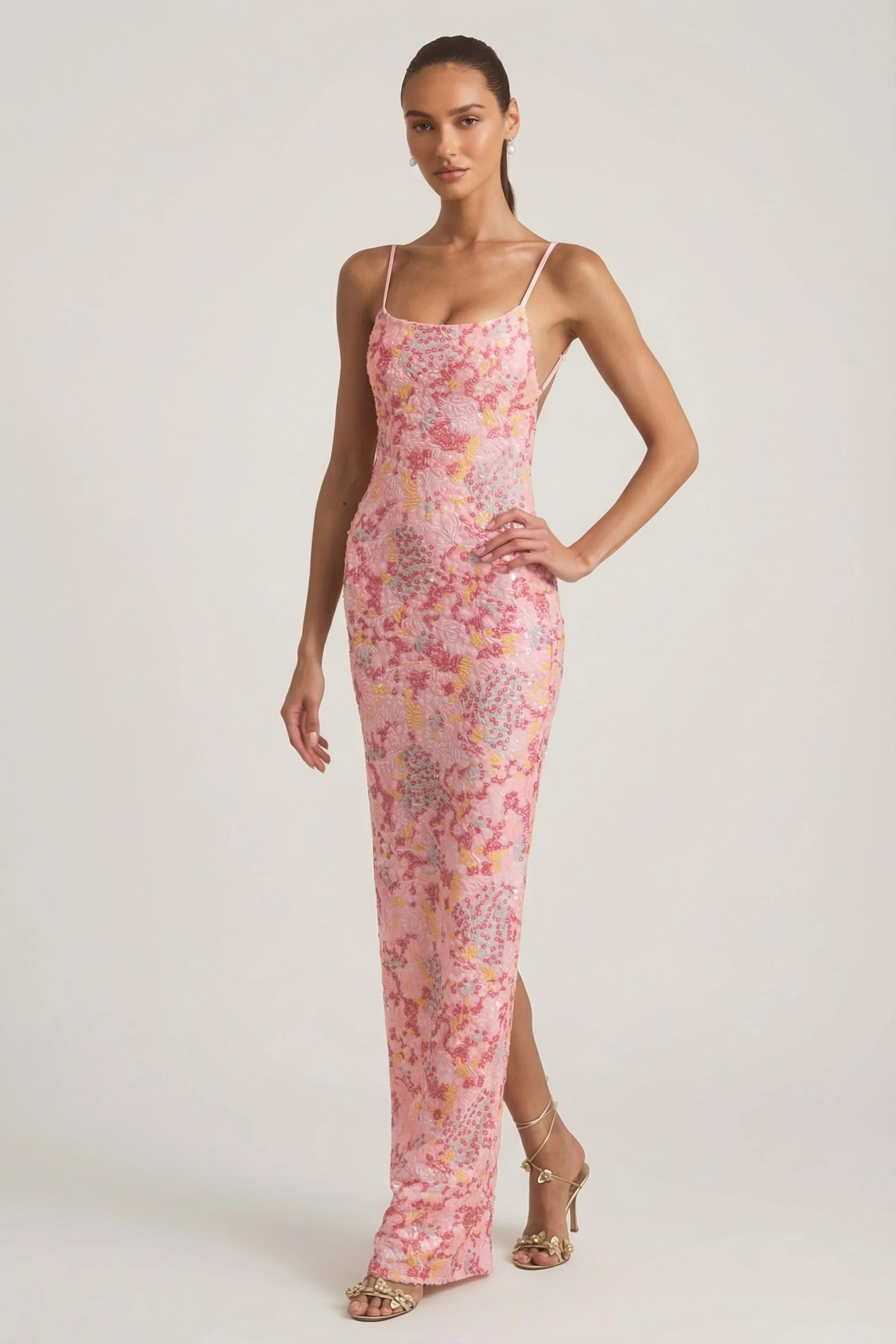 Embellished Scoop-Neck Backless Maxi Dress in Pink - Image 4