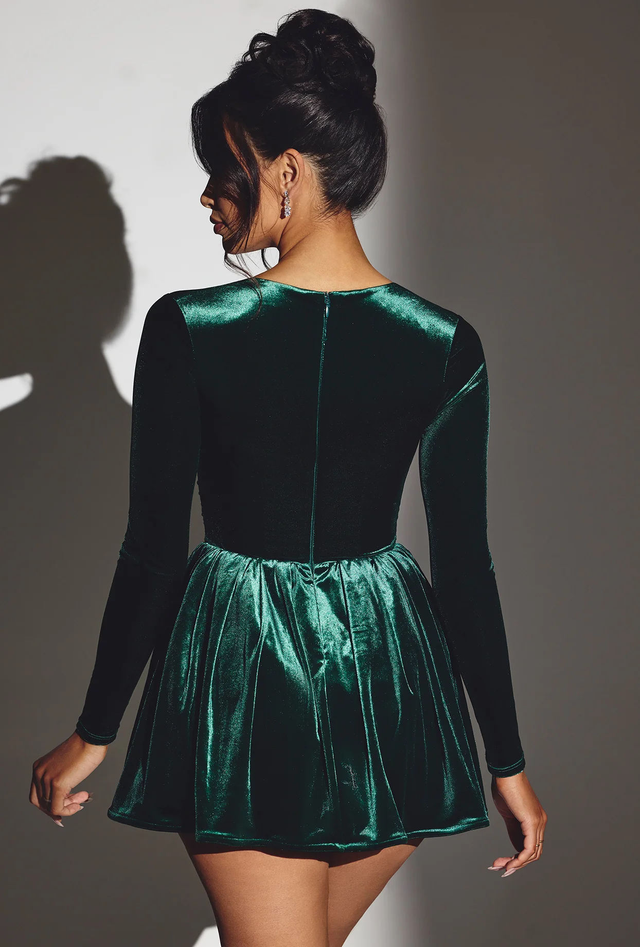 Velvet Long Sleeve Corset Mini Dress in Emerald Green - Image 2