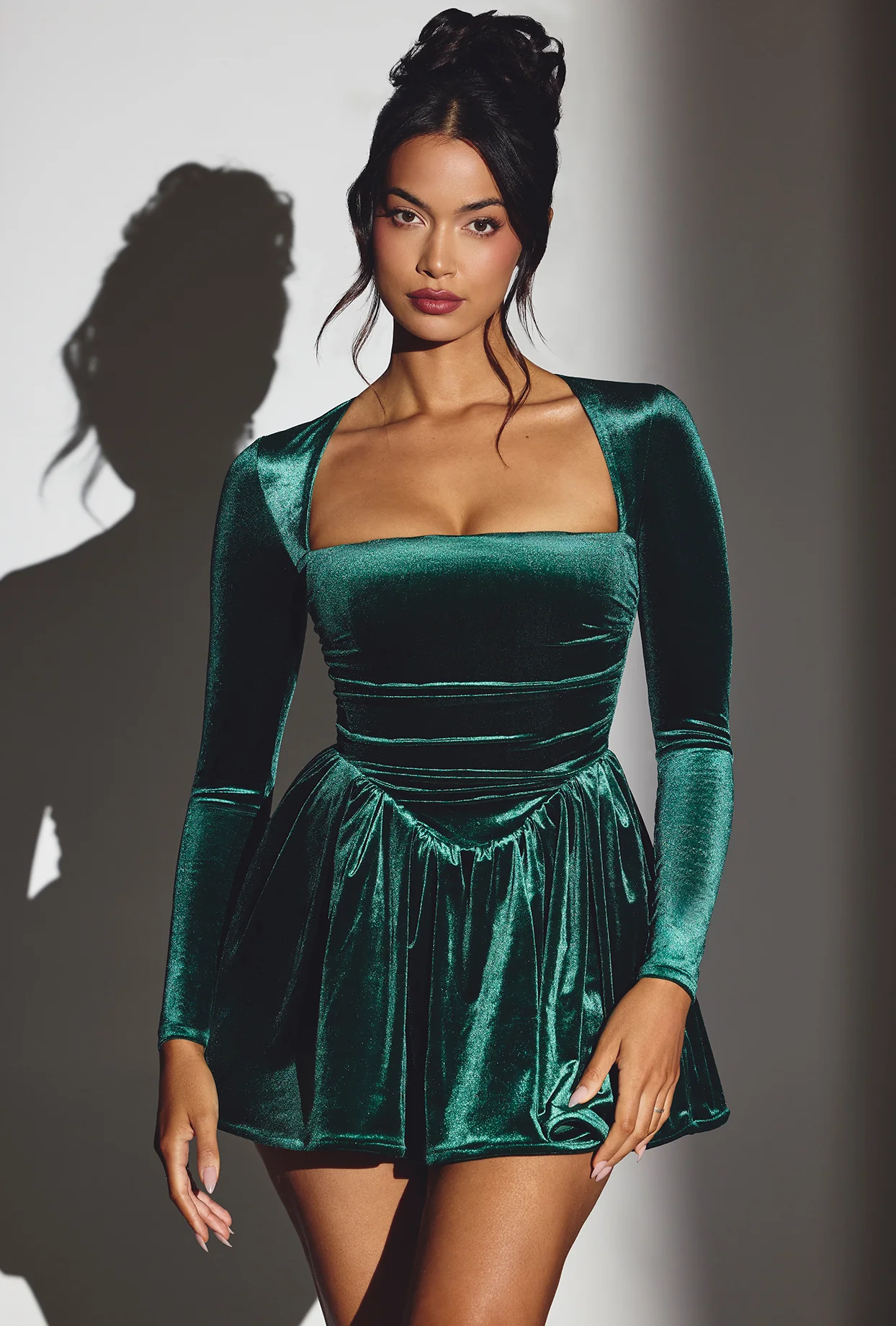 Velvet Long Sleeve Corset Mini Dress in Emerald Green - Image 6