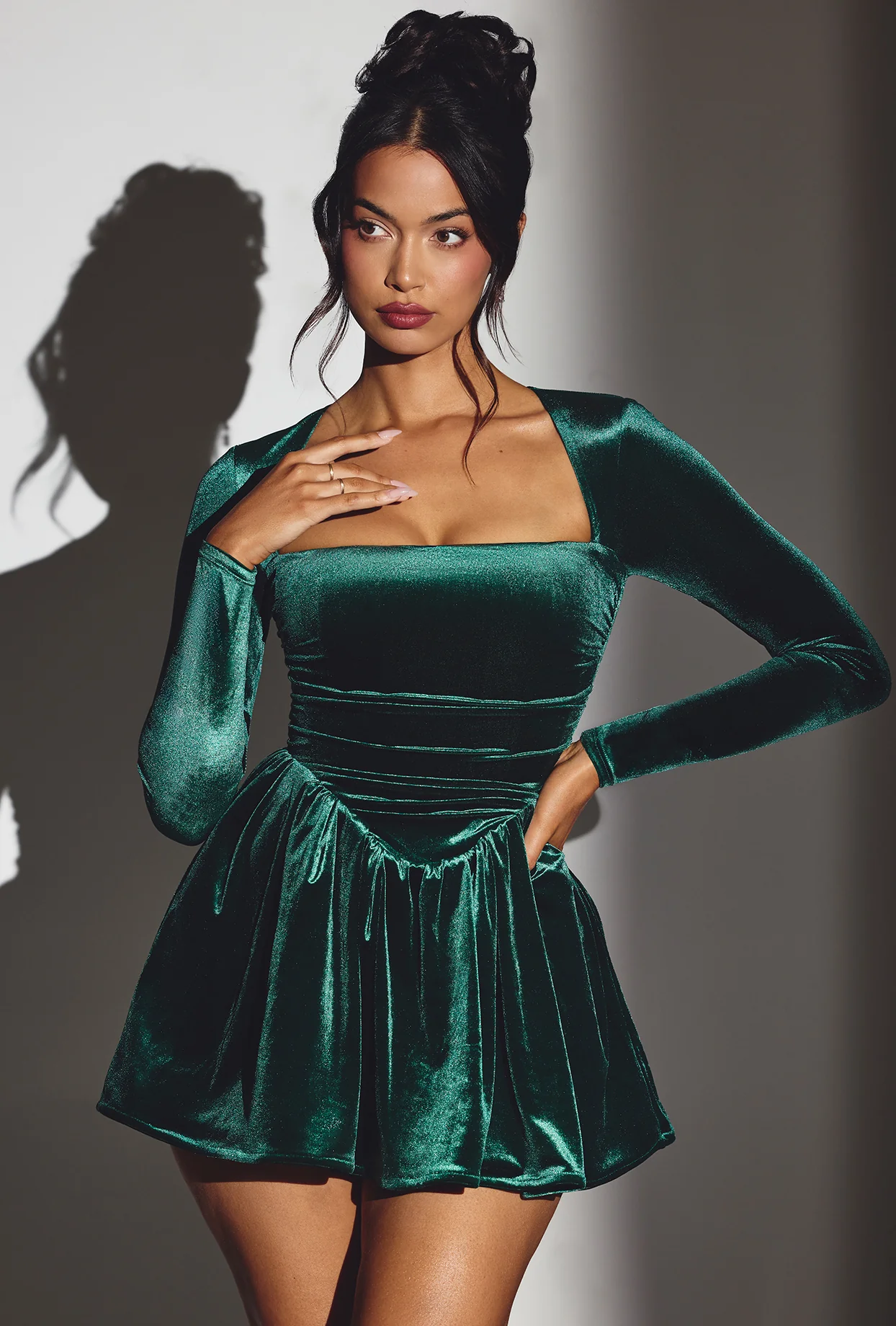 Velvet Long Sleeve Corset Mini Dress in Emerald Green - Image 7