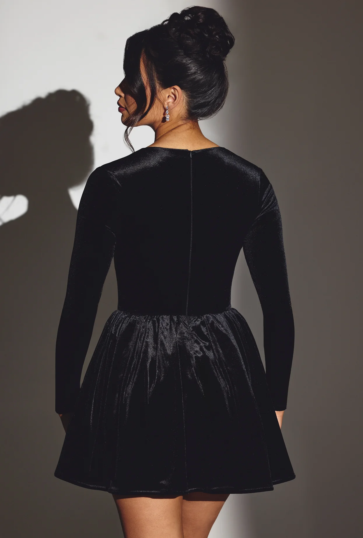 Velvet Long Sleeve Corset Mini Dress in Jet Black - Image 2