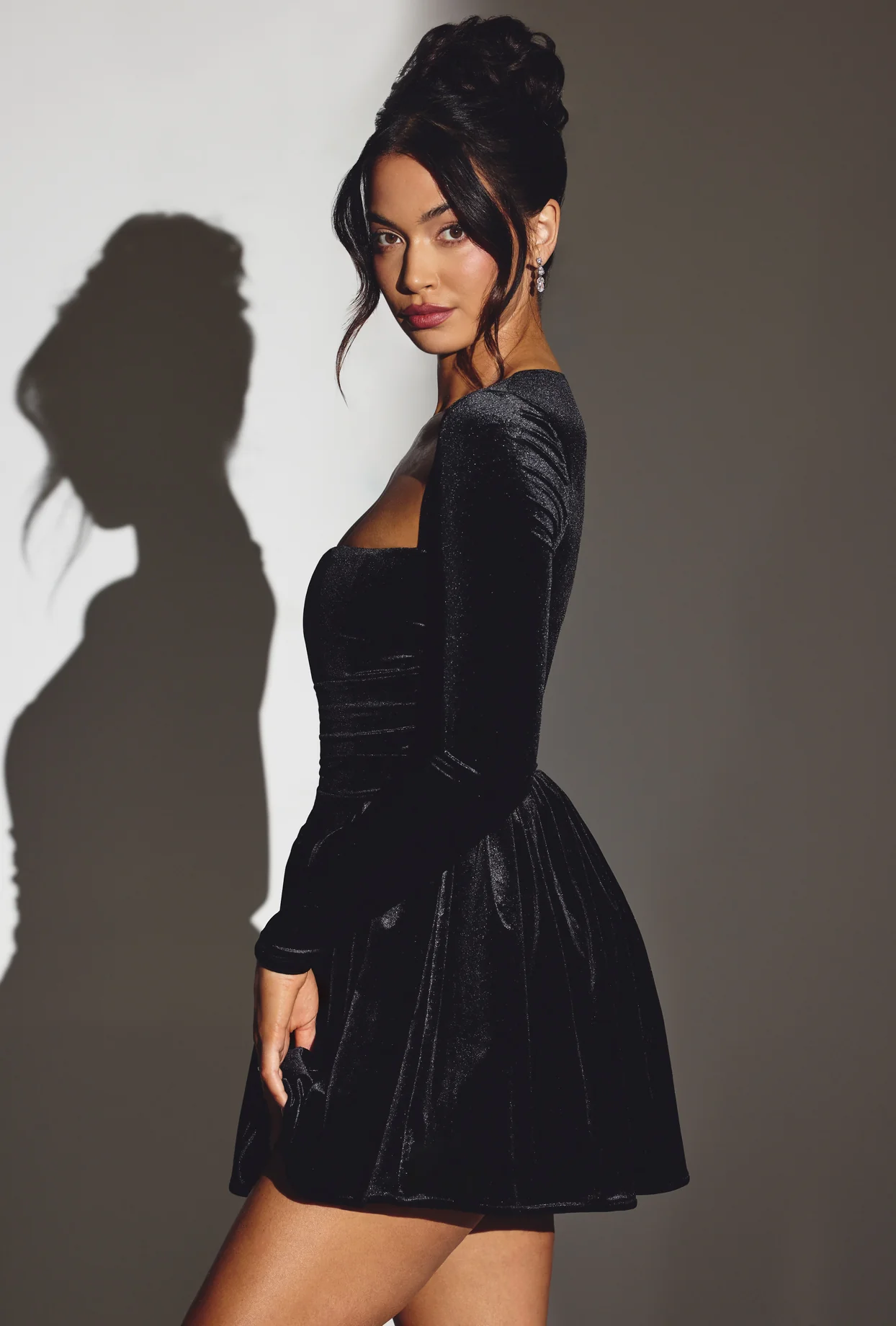 Velvet Long Sleeve Corset Mini Dress in Jet Black - Image 3