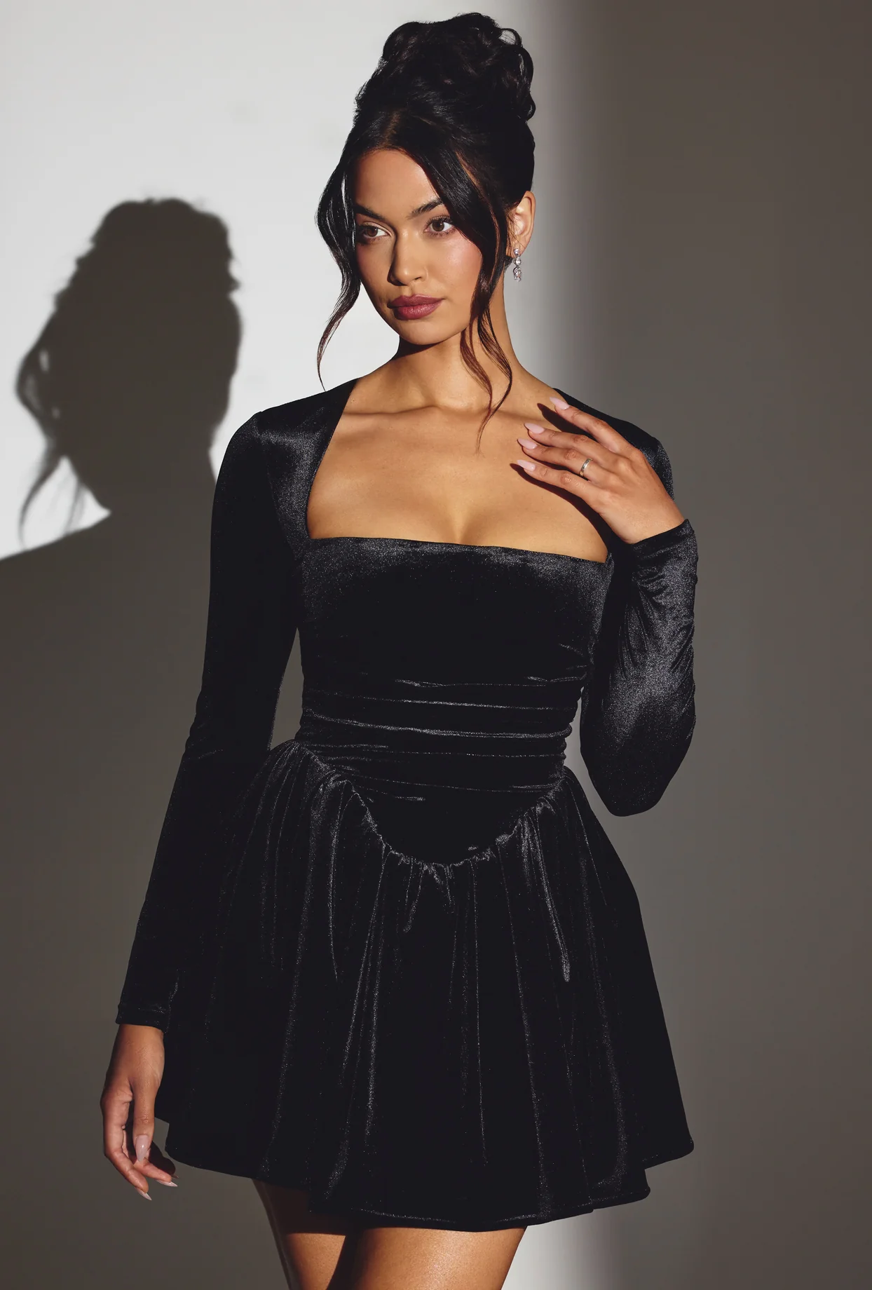 Velvet Long Sleeve Corset Mini Dress in Jet Black - Image 5