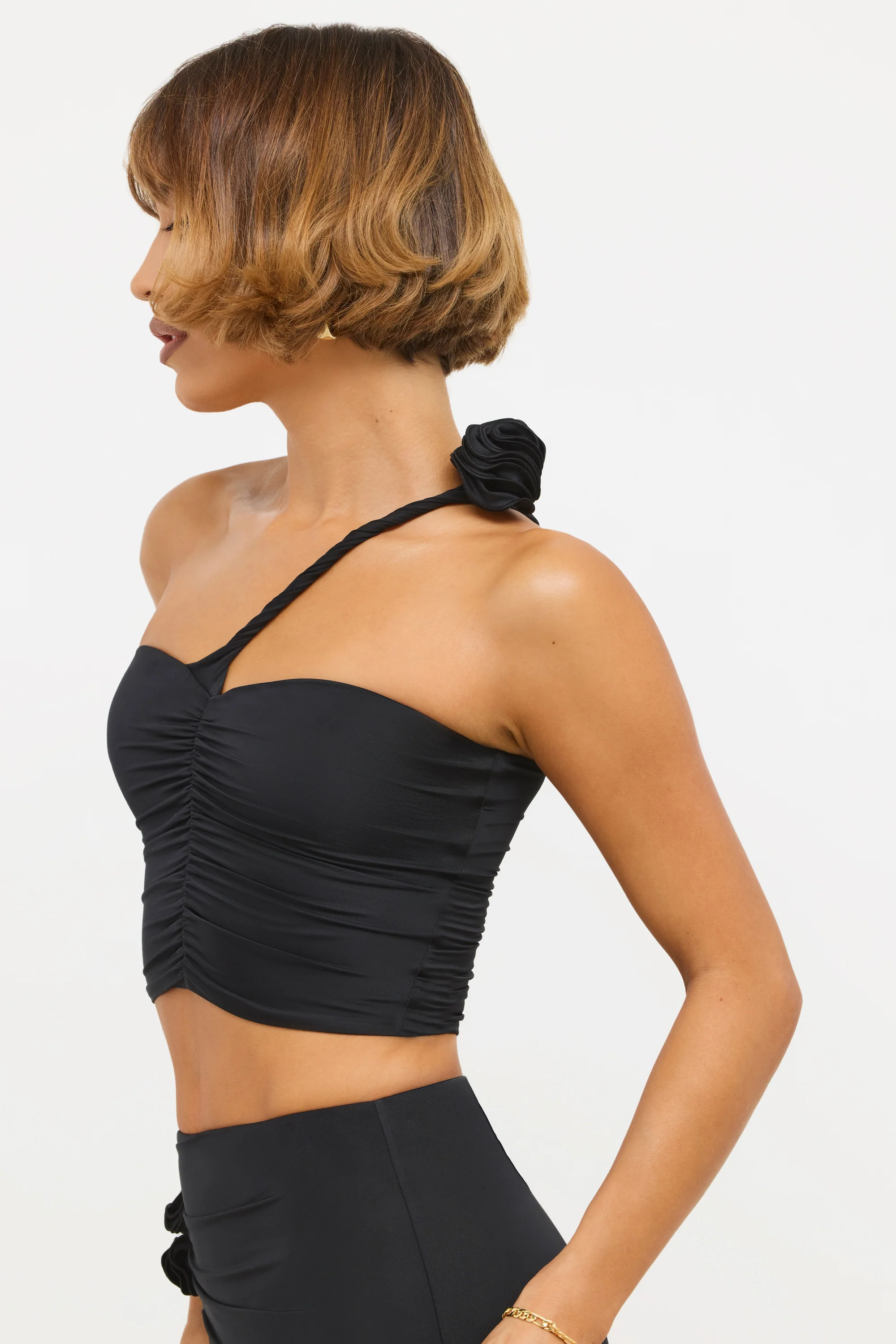 Slinky Jersey Rose Detail Asymmetric Top in Black - Image 3