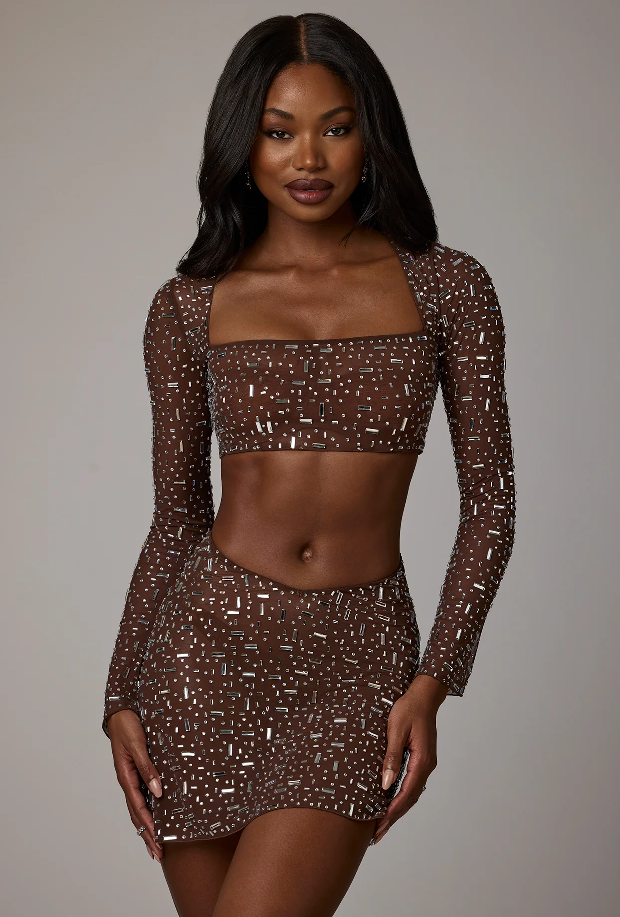 Sheer Embellished V Waist Mini Skirt in Deep Cocoa - Image 5