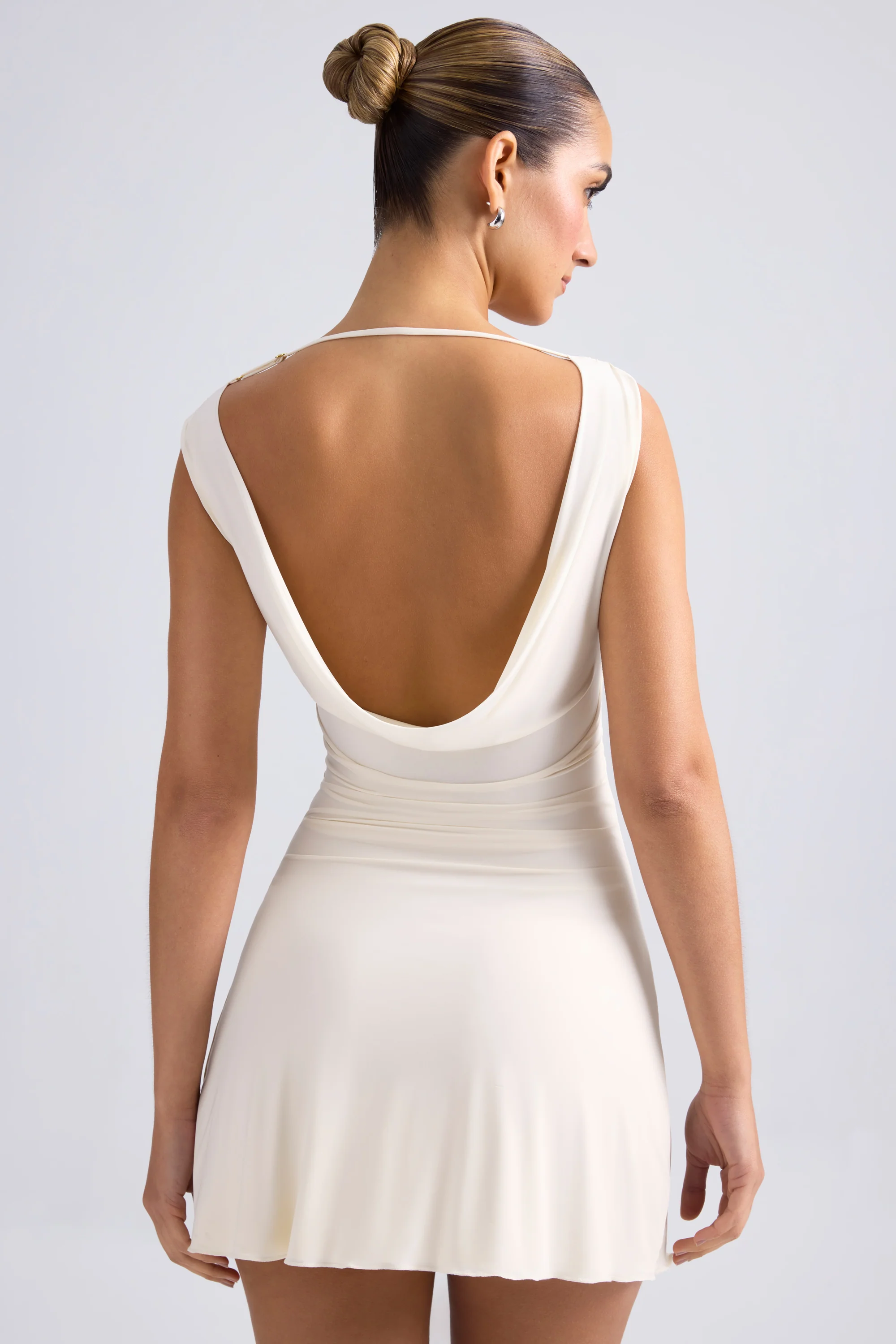 Off-Shoulder Cowl-Back A-Line Mini Dress in Ivory - Image 2