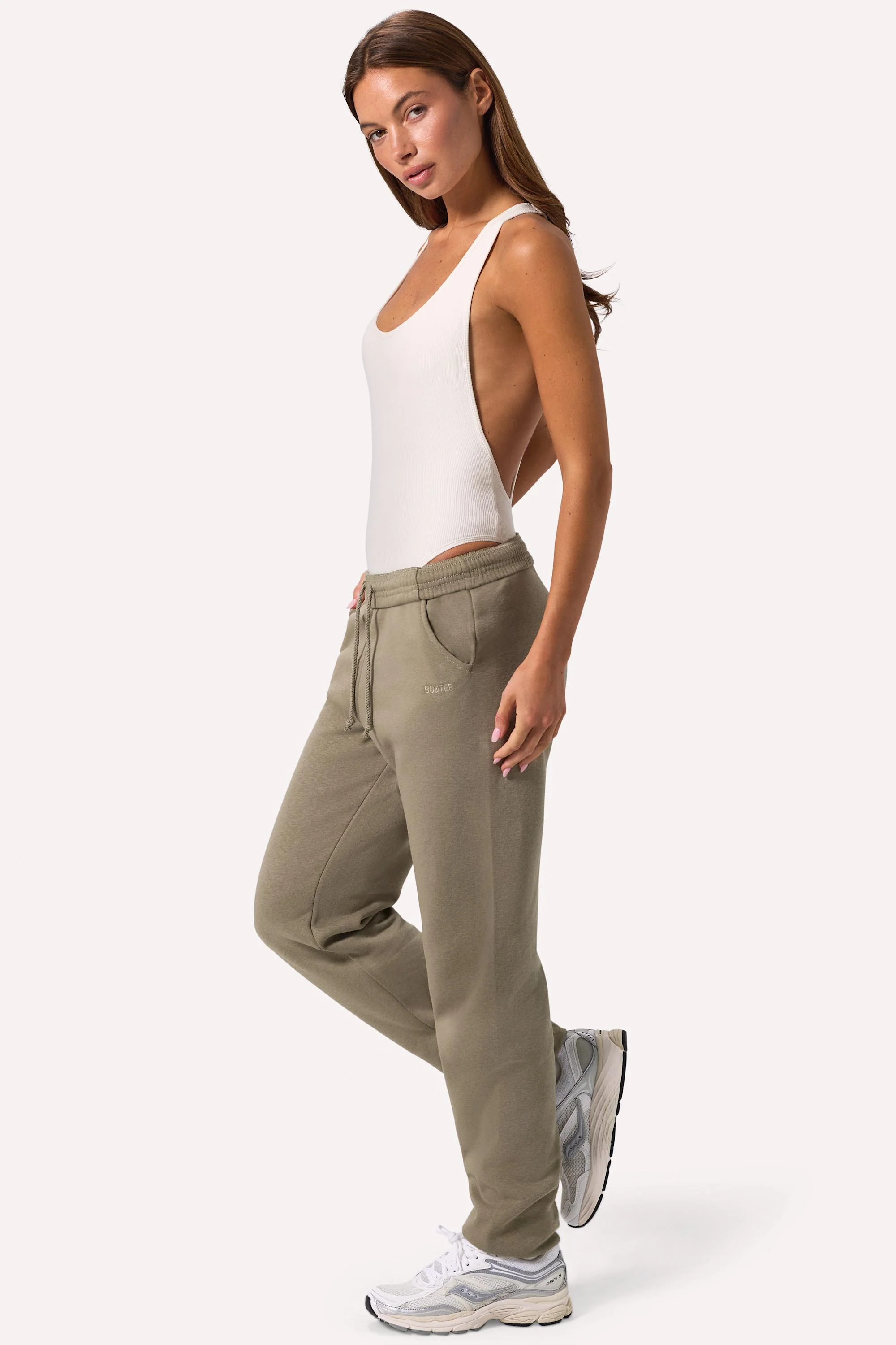 Cotton Fleece Mid-Rise Joggers in Khaki Green - Image 3