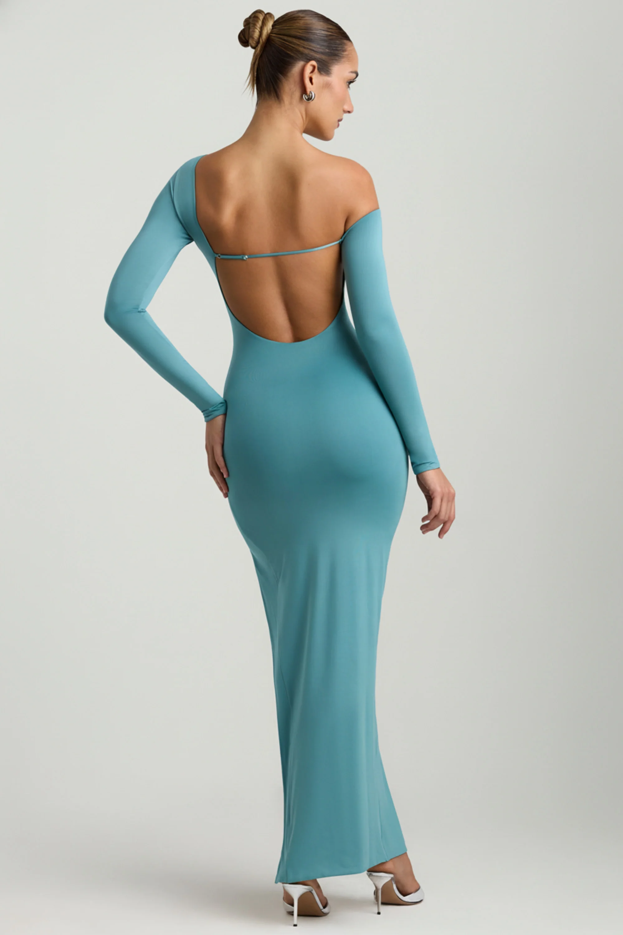 Slinky Jersey Asymmetric Ruched Hardware Detail Maxi Dress in Sea Green - Image 2