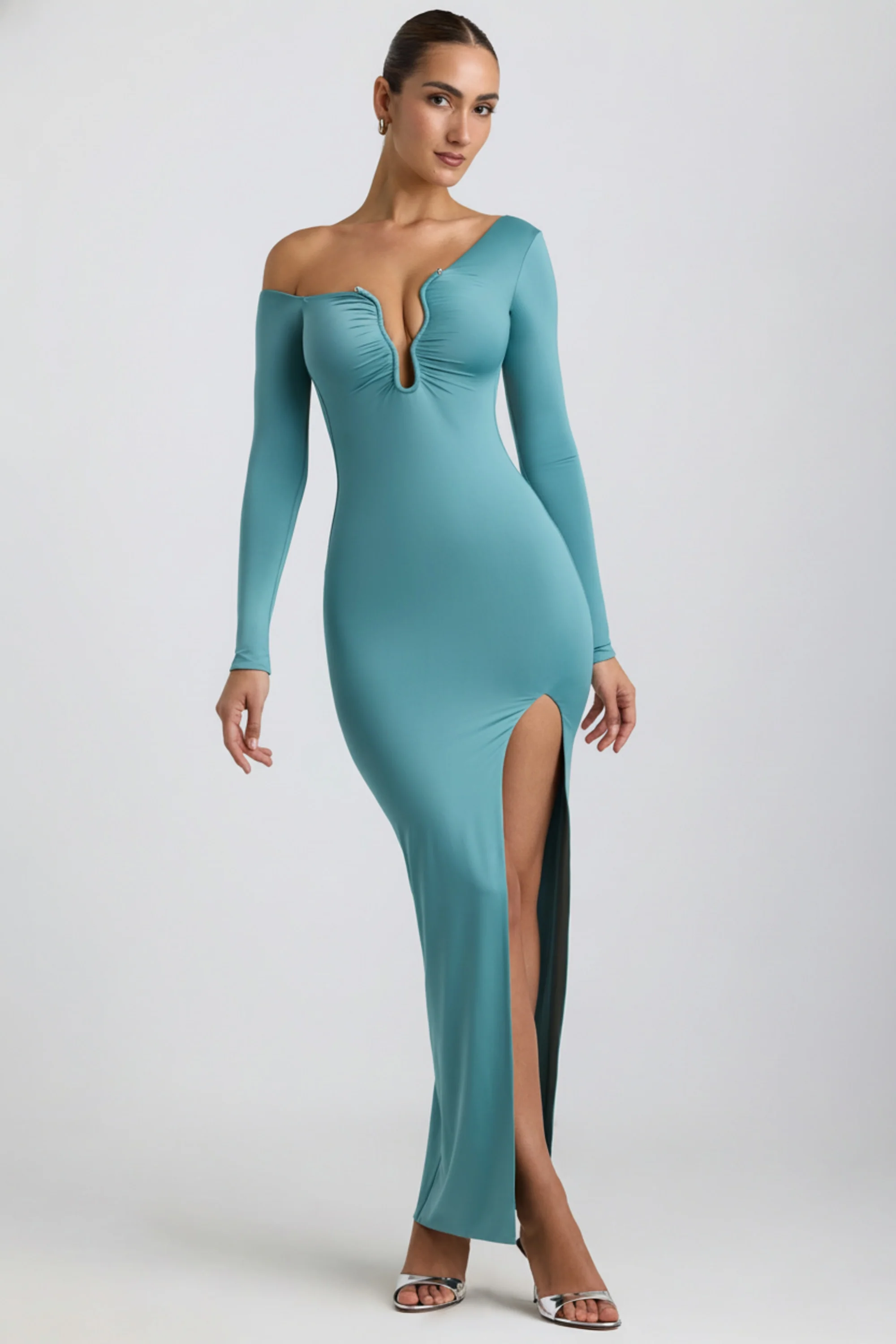 Slinky Jersey Asymmetric Ruched Hardware Detail Maxi Dress in Sea Green - Image 6