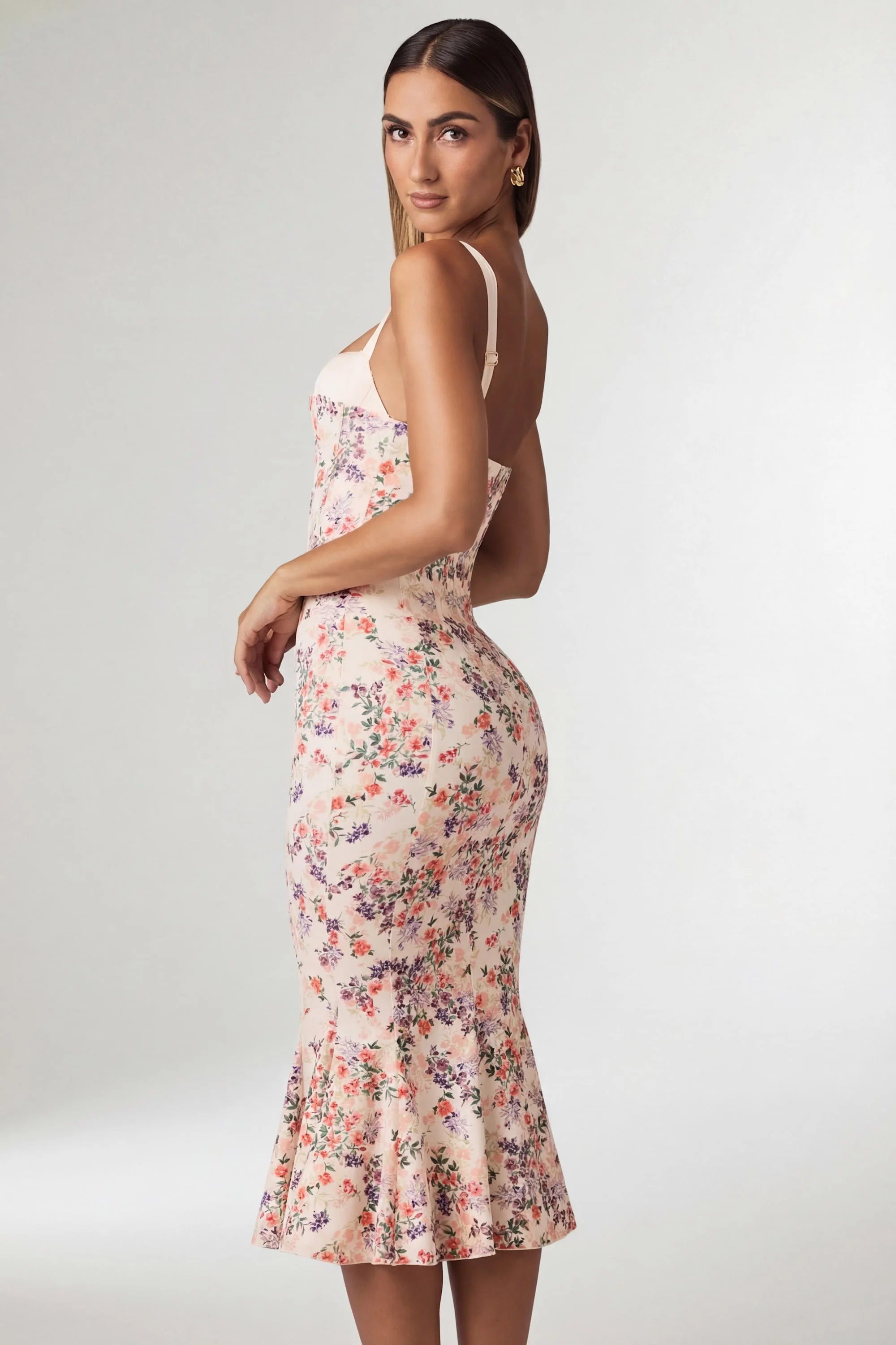Layered Bra-Detail Fishtail Midaxi Dress in Primrose Floral Print - Image 2