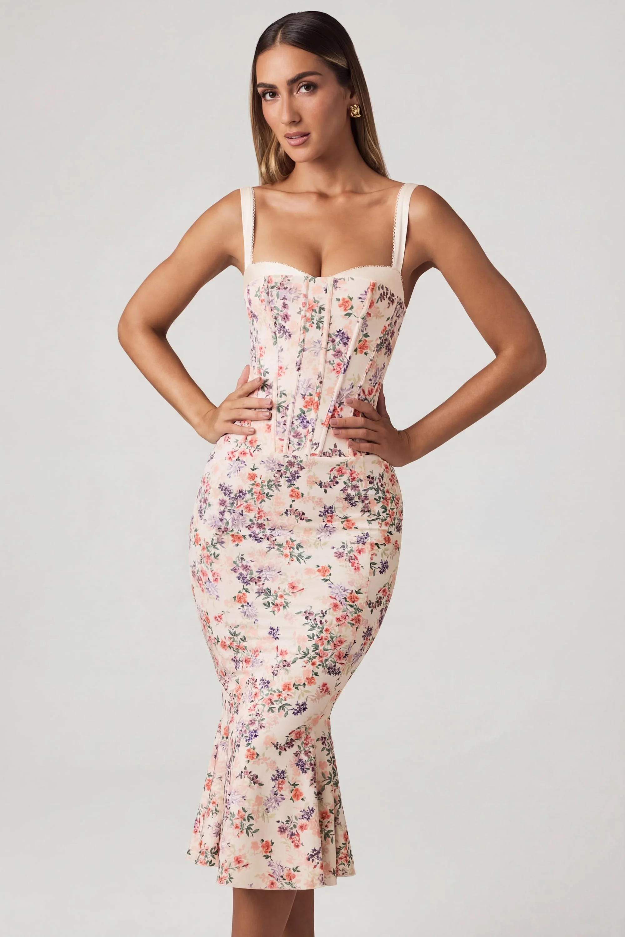 Layered Bra-Detail Fishtail Midaxi Dress in Primrose Floral Print - Image 8