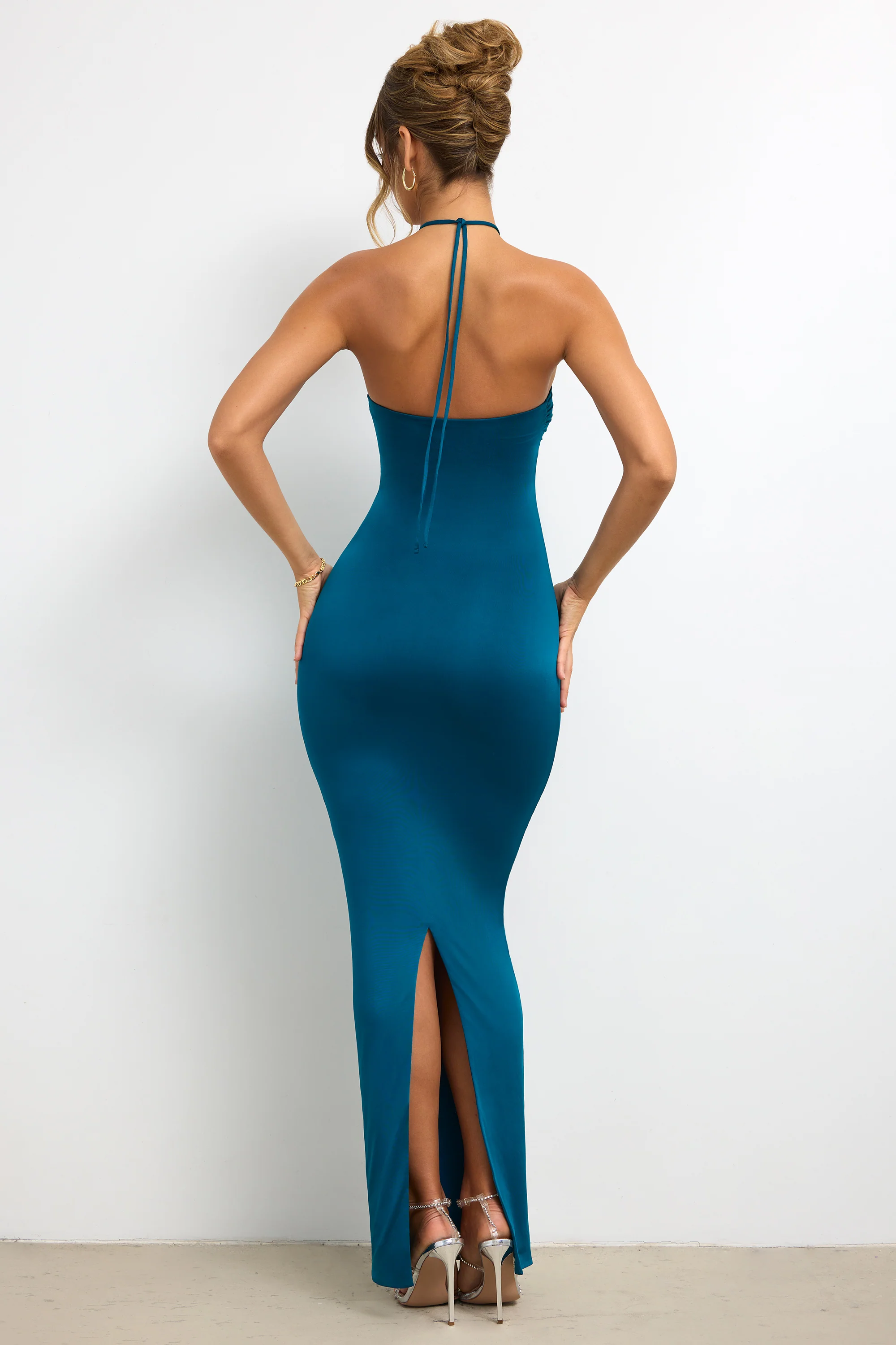 Slinky Jersey Rose Detail Halter Neck Maxi Dress in Dark Teal - Image 2