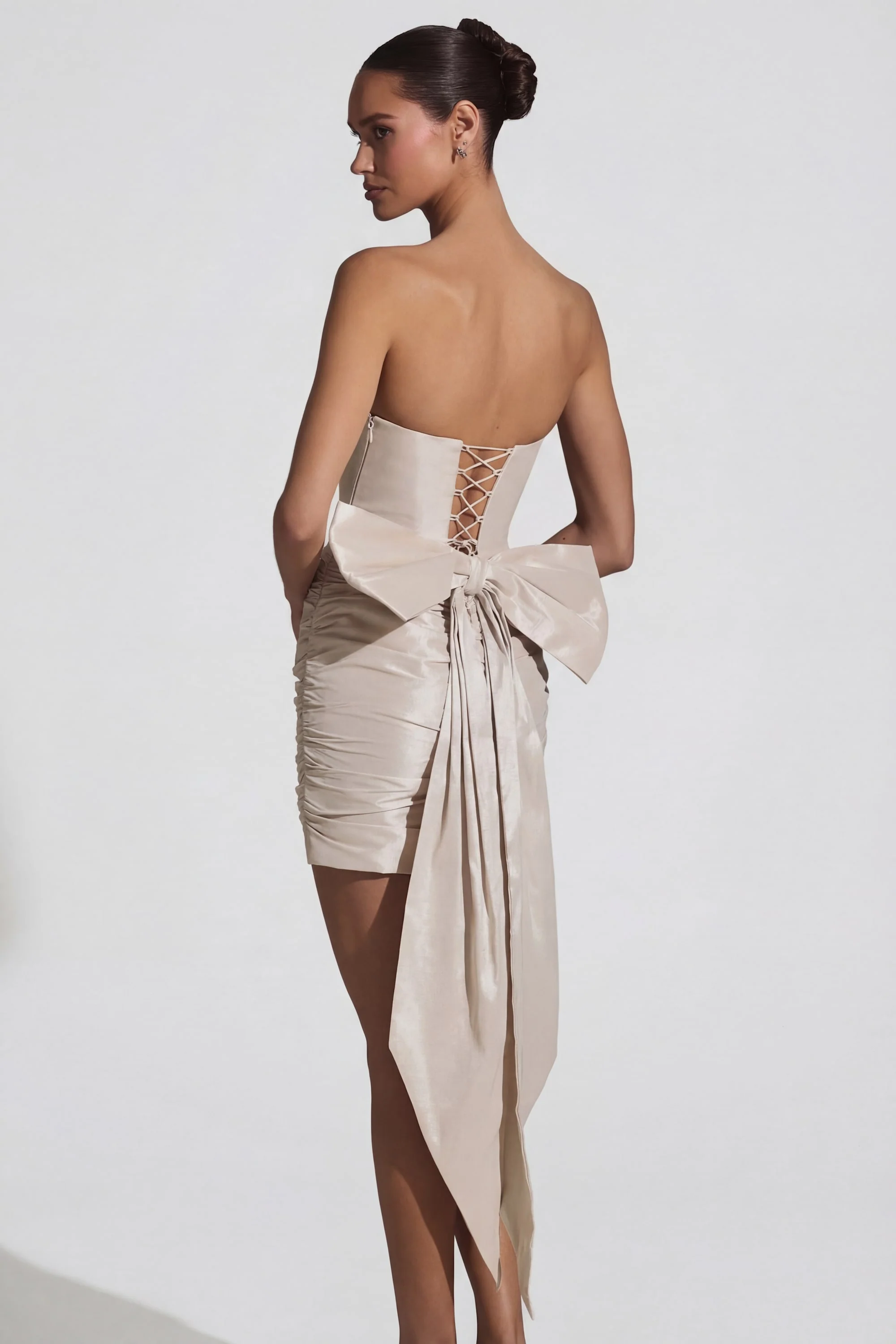 Satin Bow-Detail Strapless Mini Dress in Ivory - Image 2