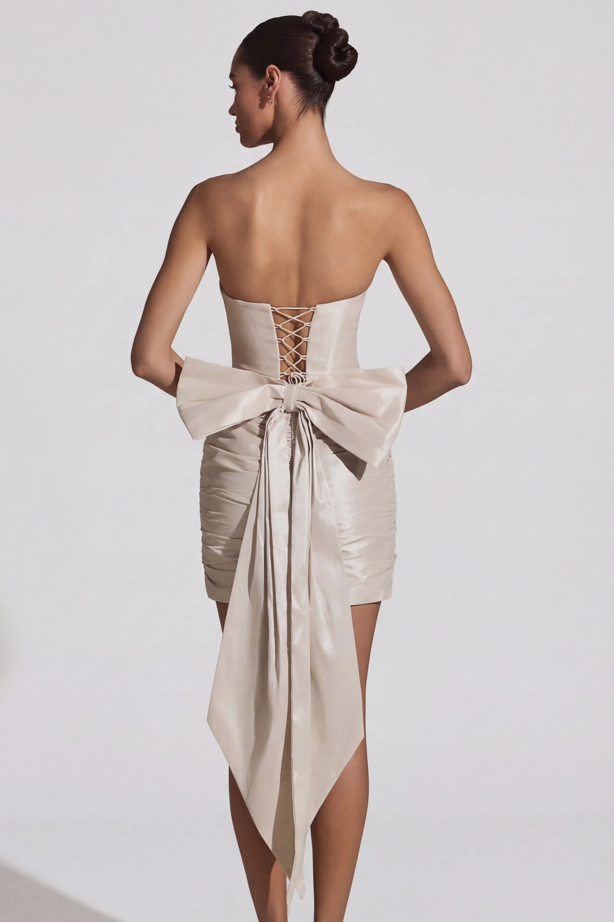 Satin Bow-Detail Strapless Mini Dress in Ivory - Image 7