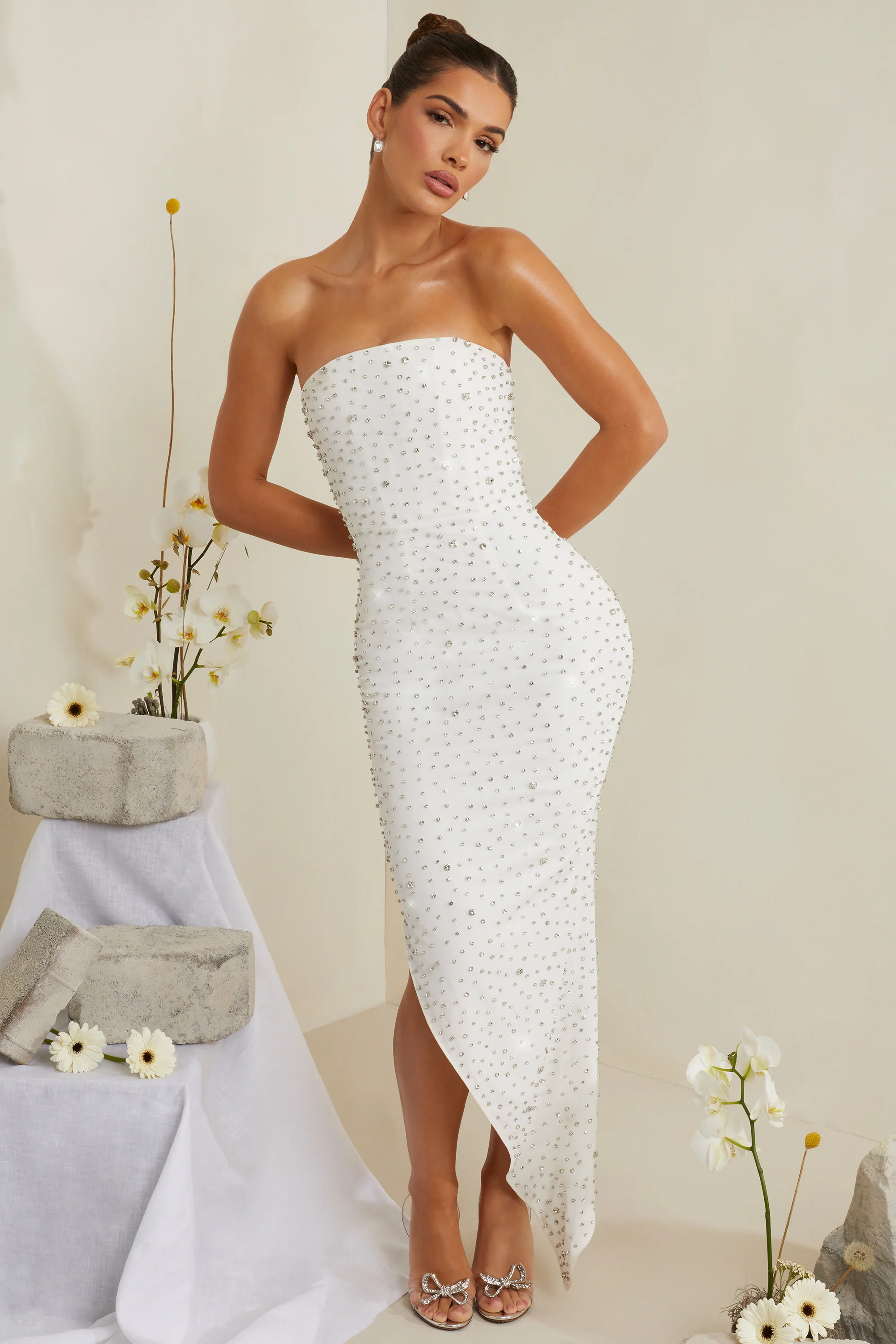 Hand Embellished Asymmetric Midi Dress in White - Image 10