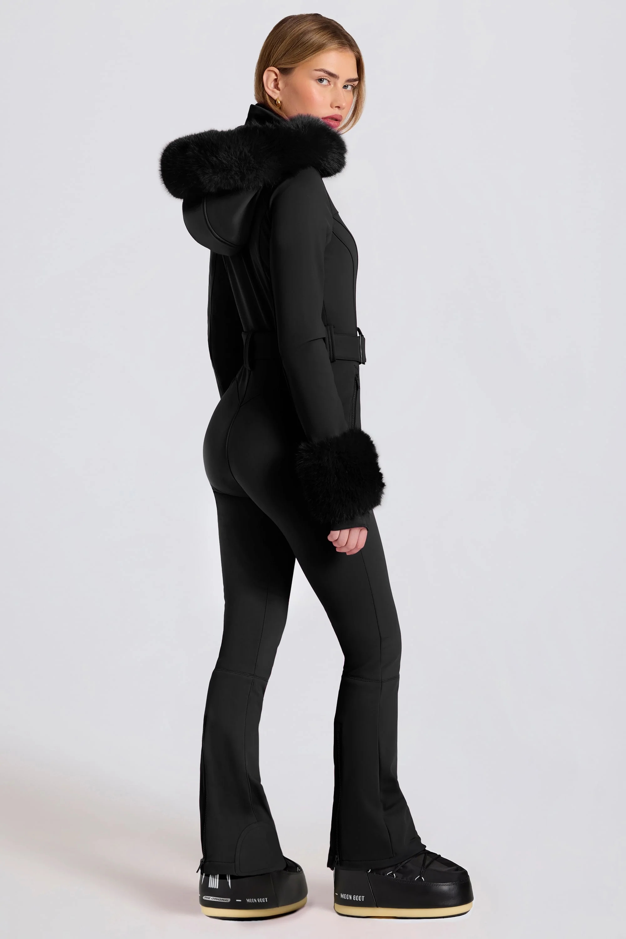 Waterproof Faux-Fur Hood Fitted Ski Suit in Black - Image 2