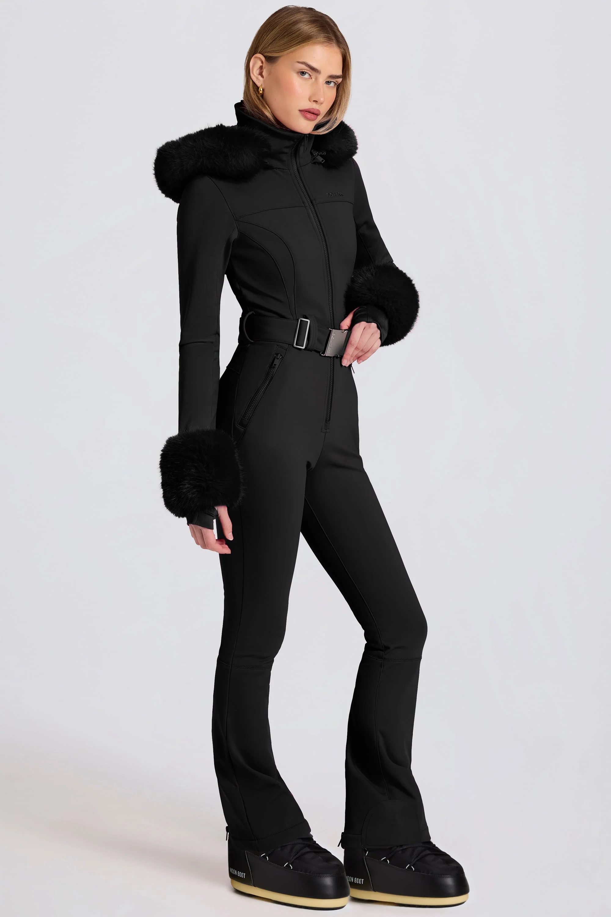 Waterproof Faux-Fur Hood Fitted Ski Suit in Black - Image 4