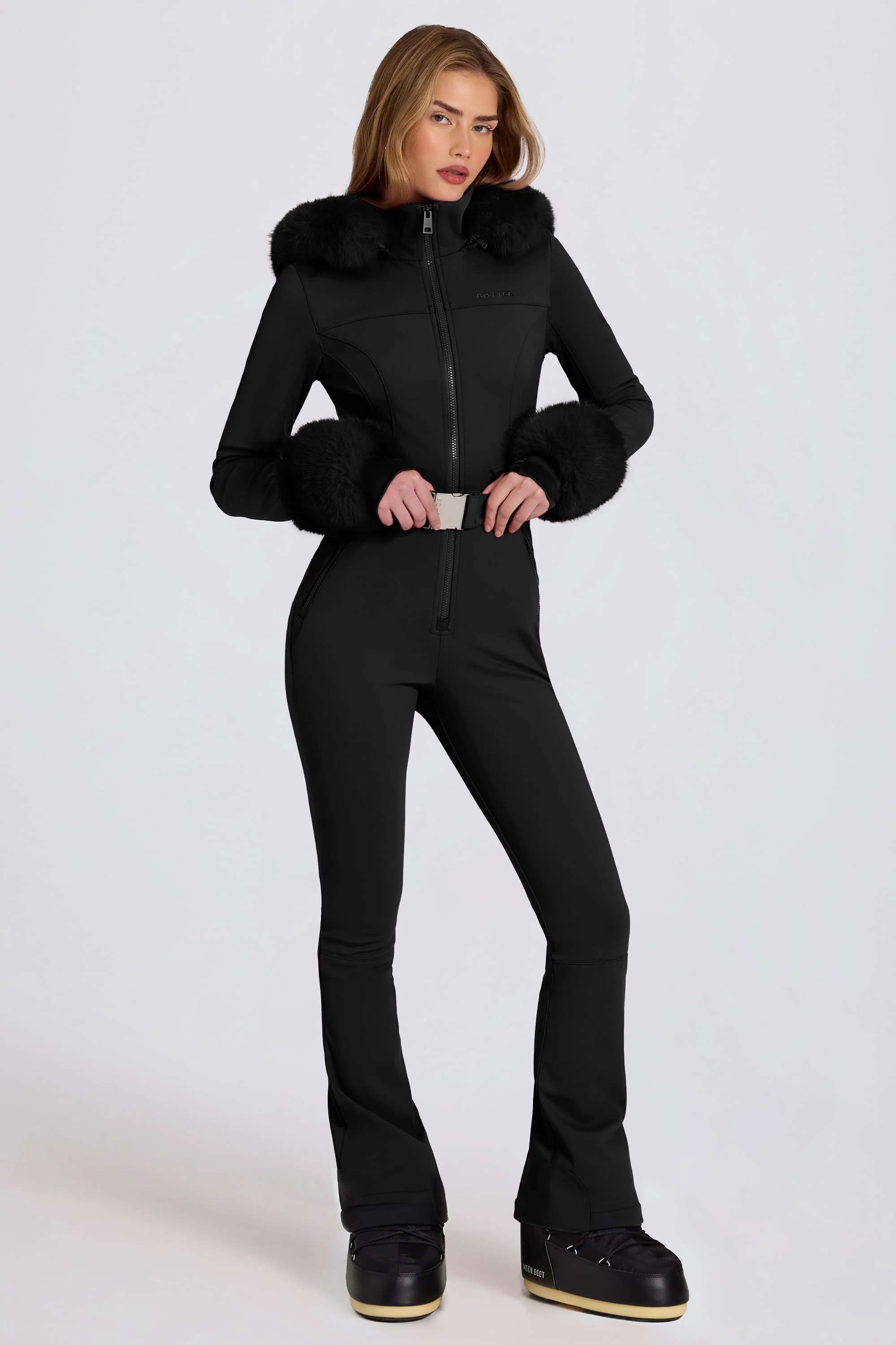 Waterproof Faux-Fur Hood Fitted Ski Suit in Black - Image 6