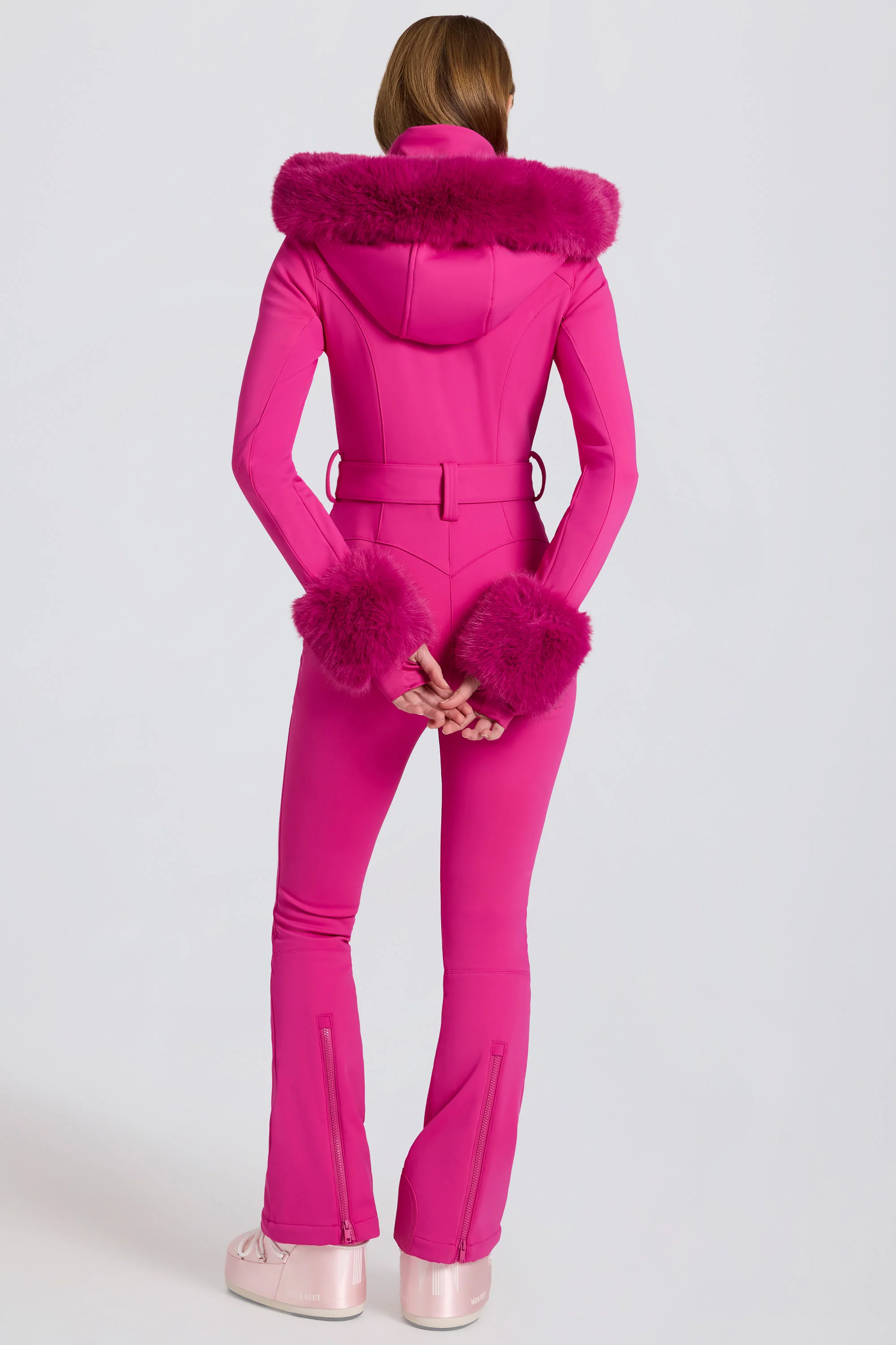 Waterproof Faux-Fur Hood Fitted Ski Suit in Magenta Pink - Image 3