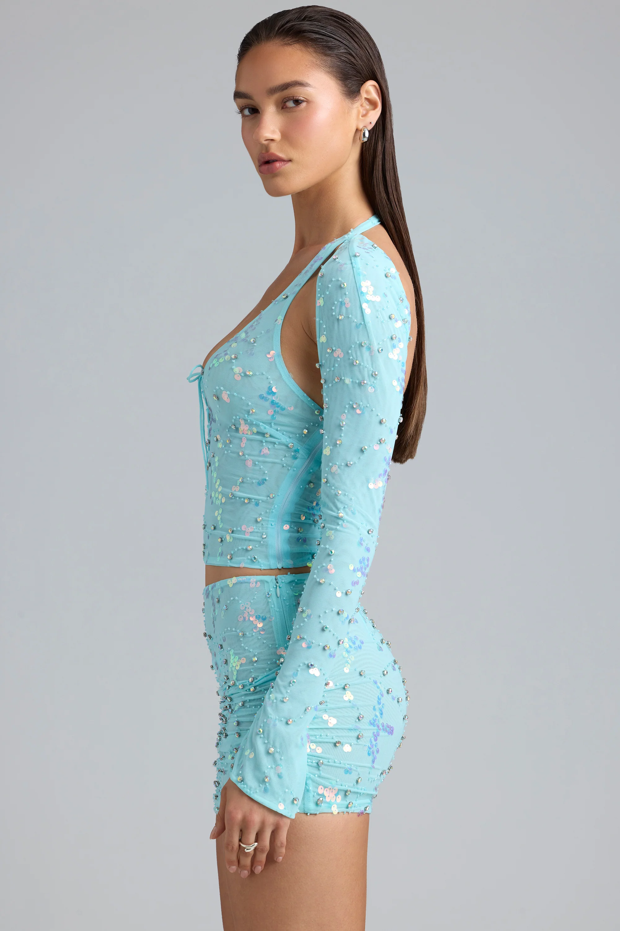 Ruched Mid-Rise Micro Mini Skirt in Ice Blue - Image 3