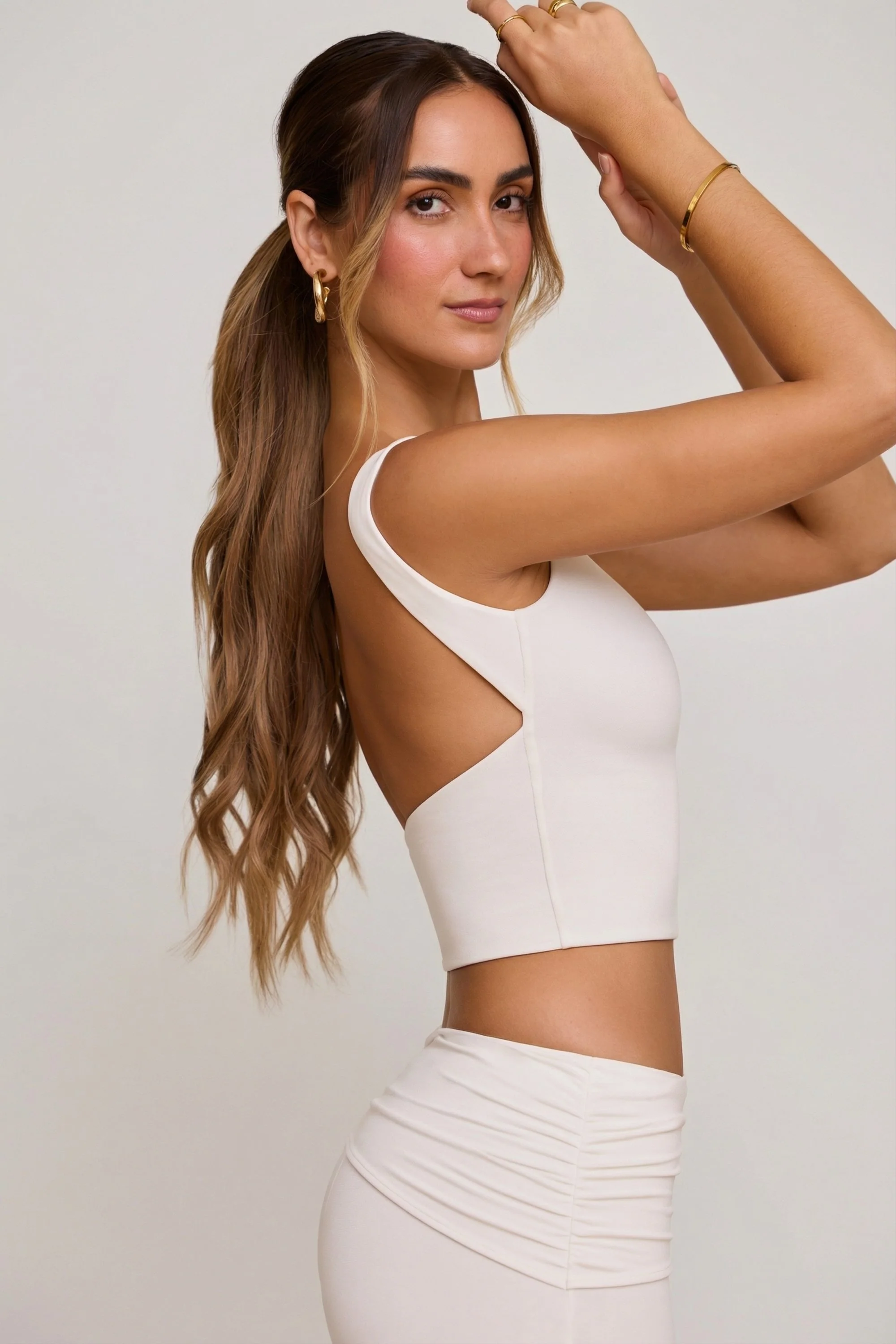 High Neck Open Back Crop Top in White - Image 3