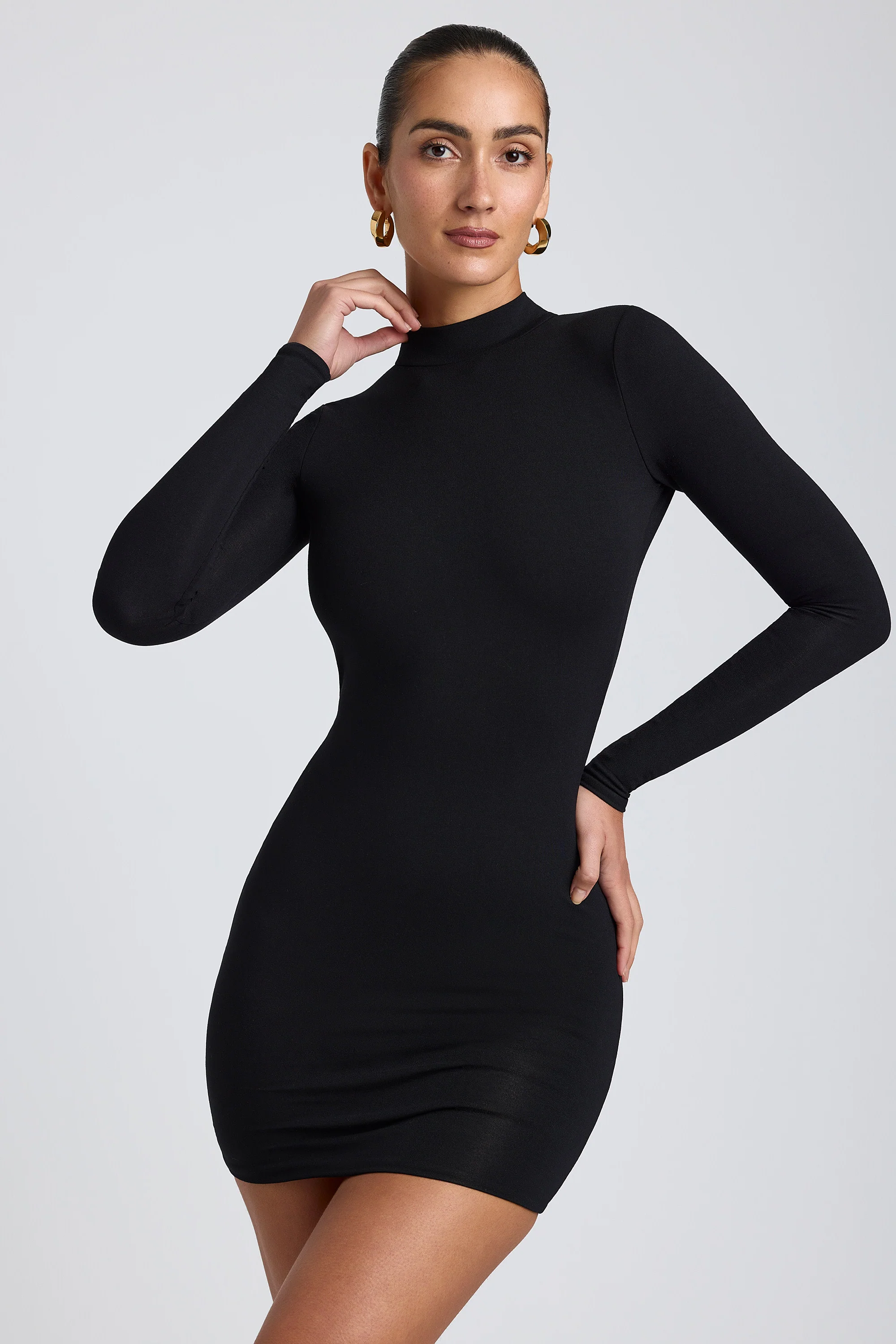 Modal Open-Back Long-Sleeve Mini Dress in Black - Image 5