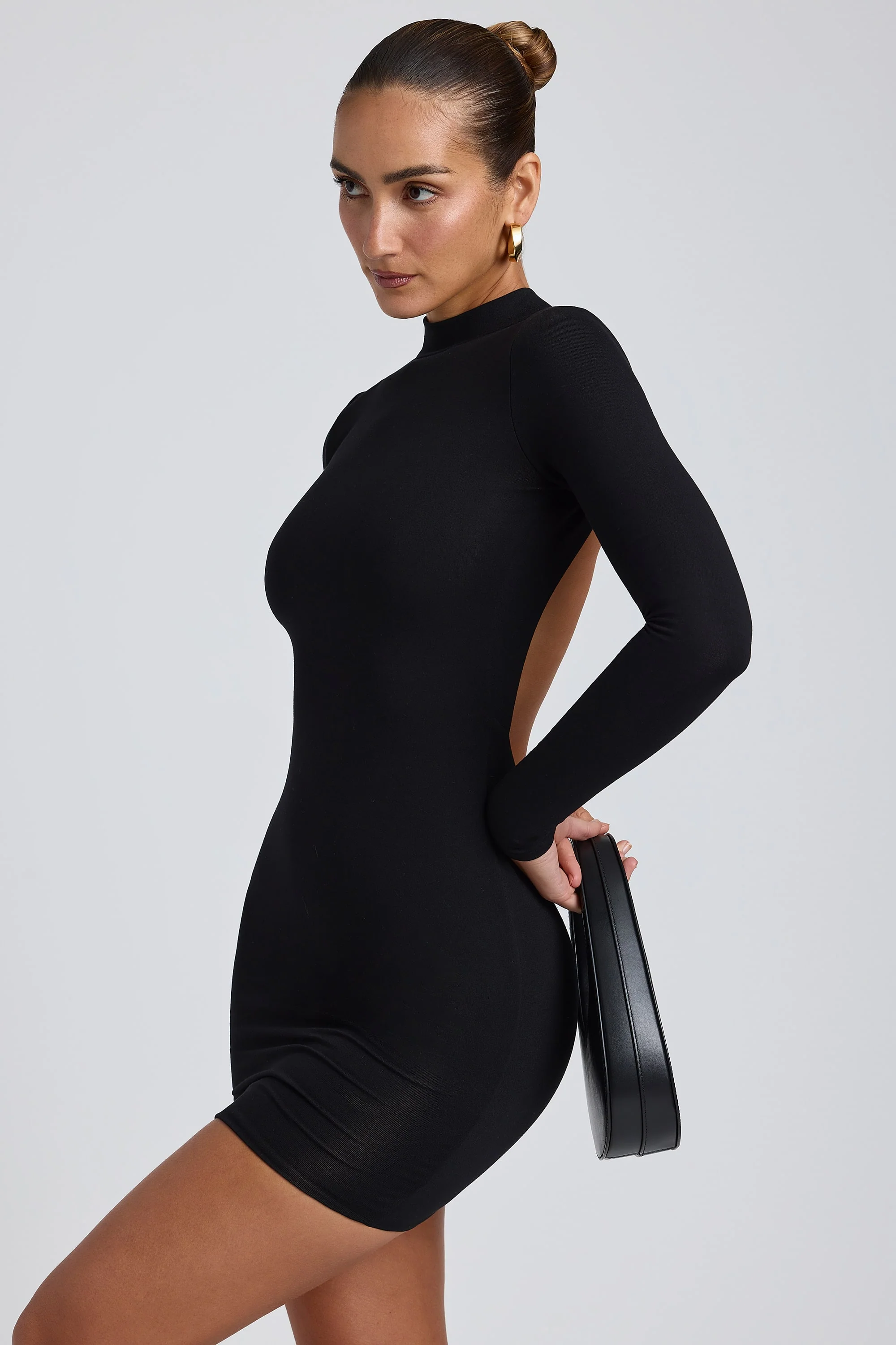 Modal Open-Back Long-Sleeve Mini Dress in Black - Image 6