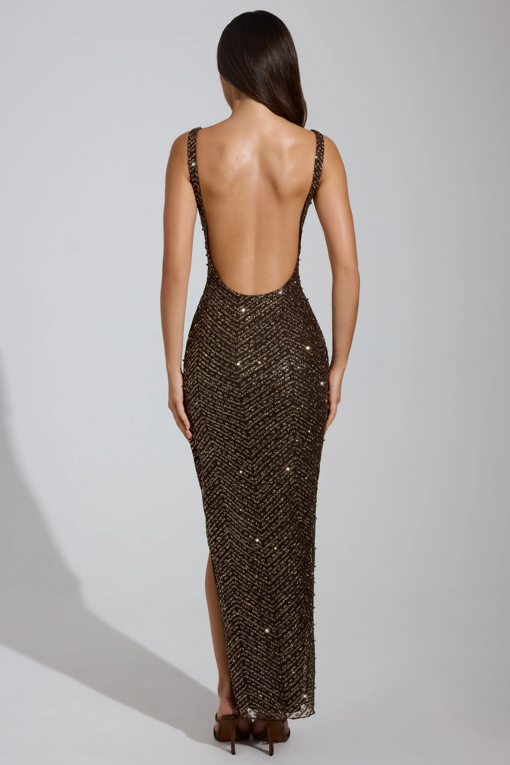 Embellished Scoop-Neck Thigh-Split Maxi Dress in Brown - Image 2