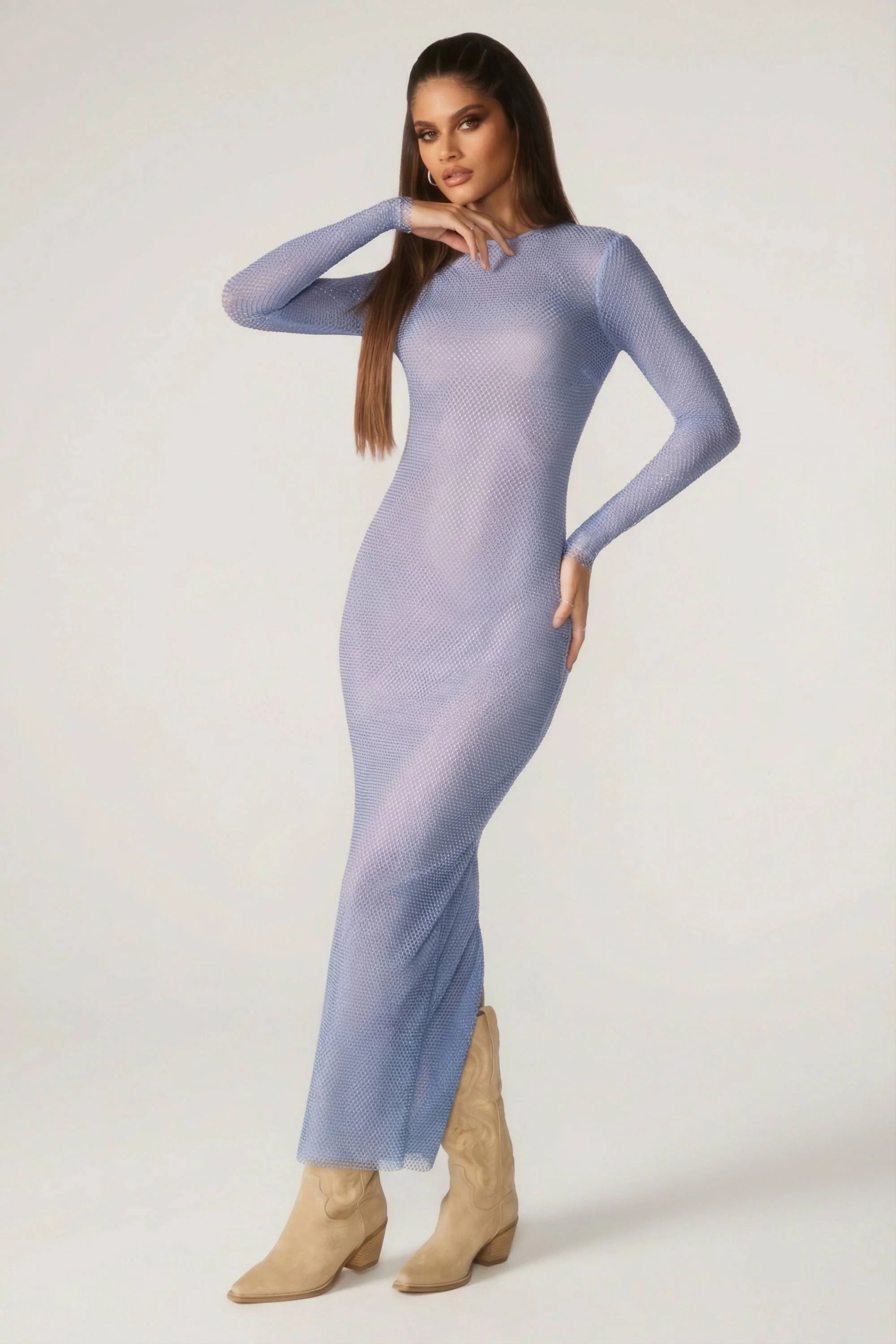 Embellished Long Sleeve Maxi Dress in Blue - Image 4
