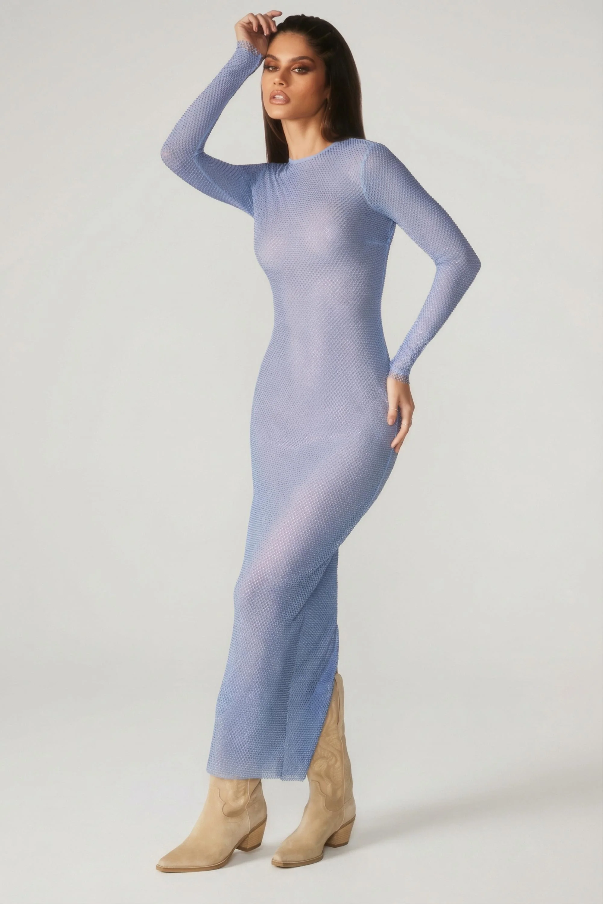 Embellished Long Sleeve Maxi Dress in Blue - Image 6