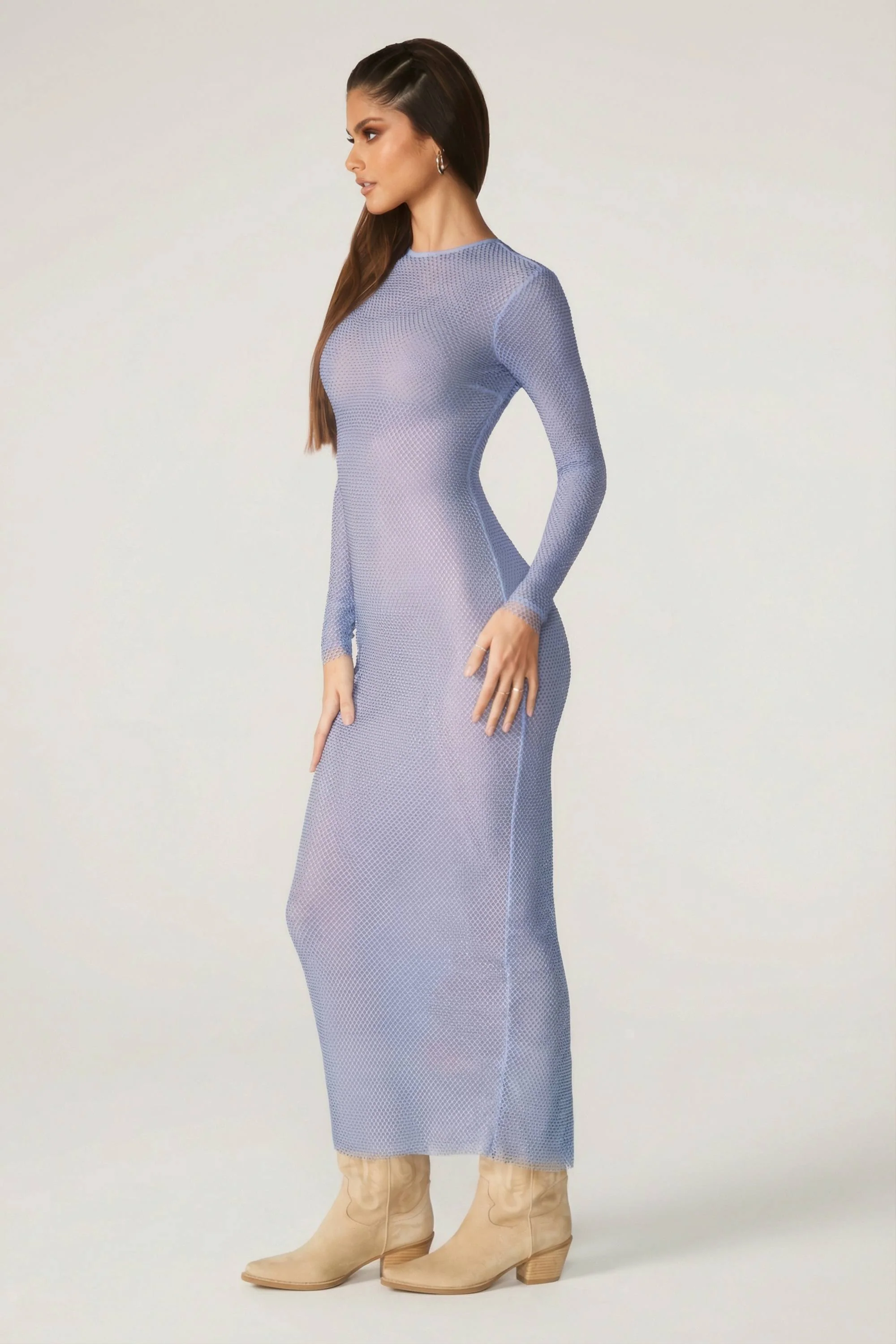 Embellished Long Sleeve Maxi Dress in Blue - Image 7