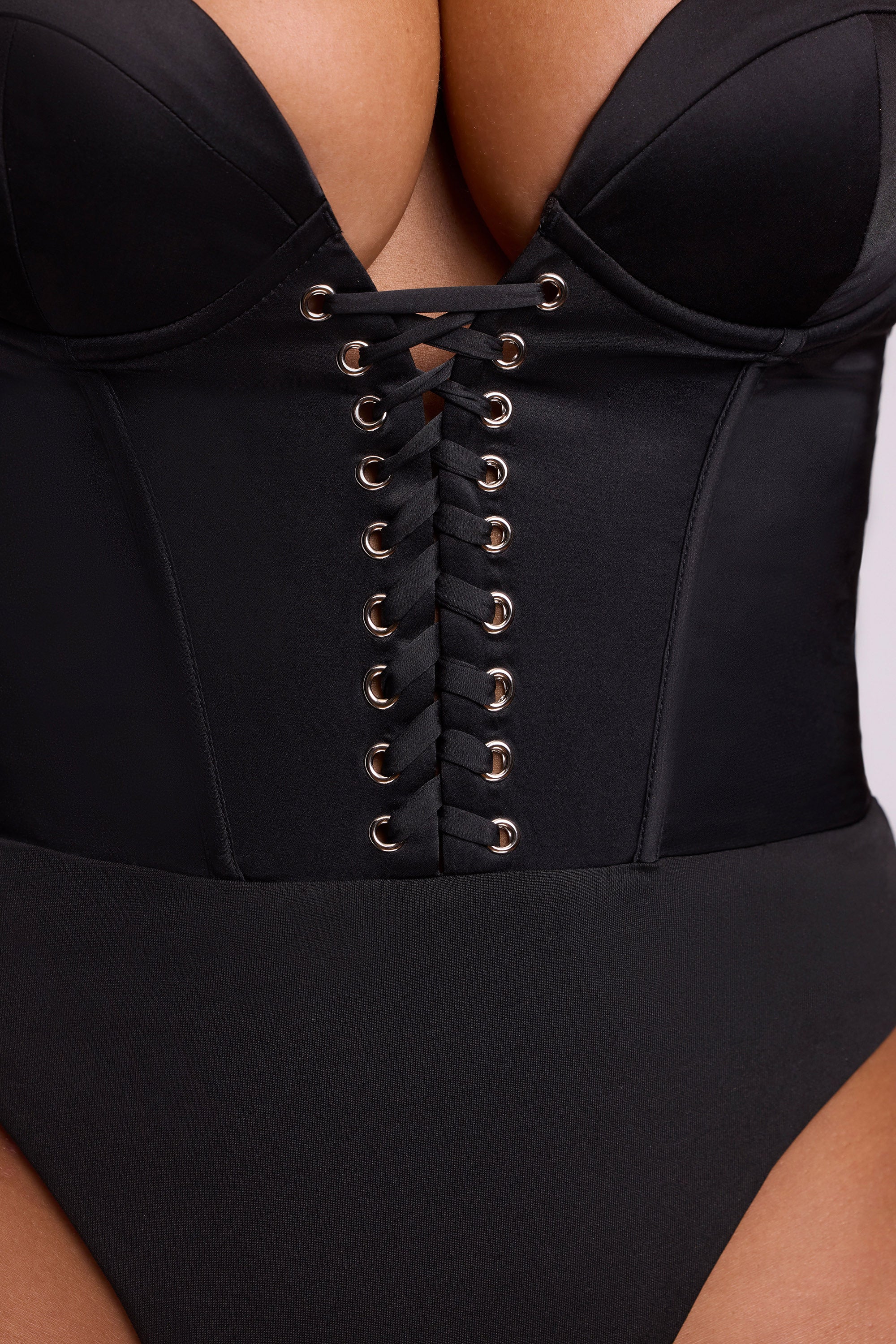 Satin Plunge Neck Lace Up Corset Bodysuit in Black - Image 4