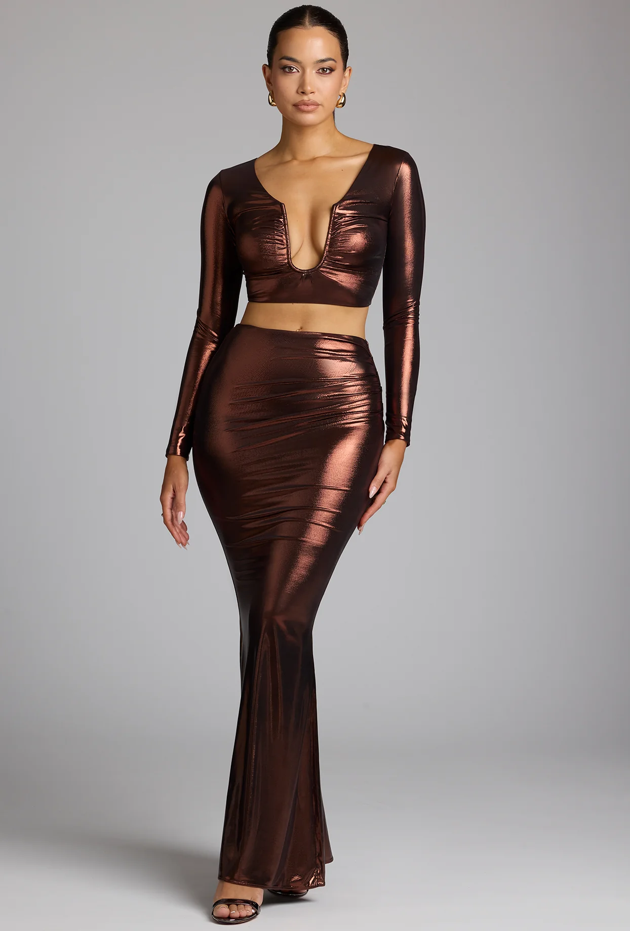 Mid Rise Metallic Jersey Gown Skirt in Copper Bronze - Image 7