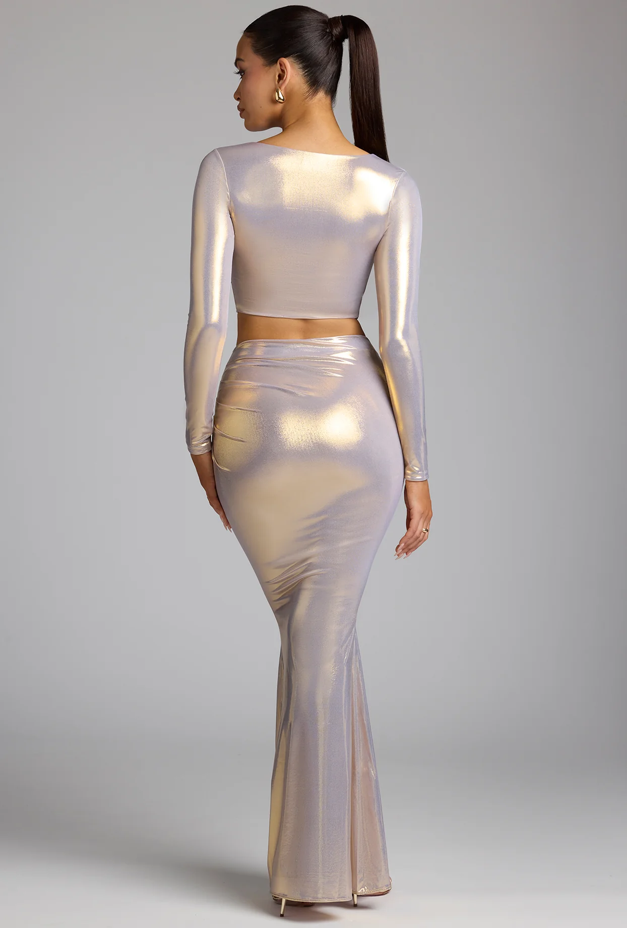 Mid Rise Metallic Jersey Gown Skirt in Light Gold - Image 2