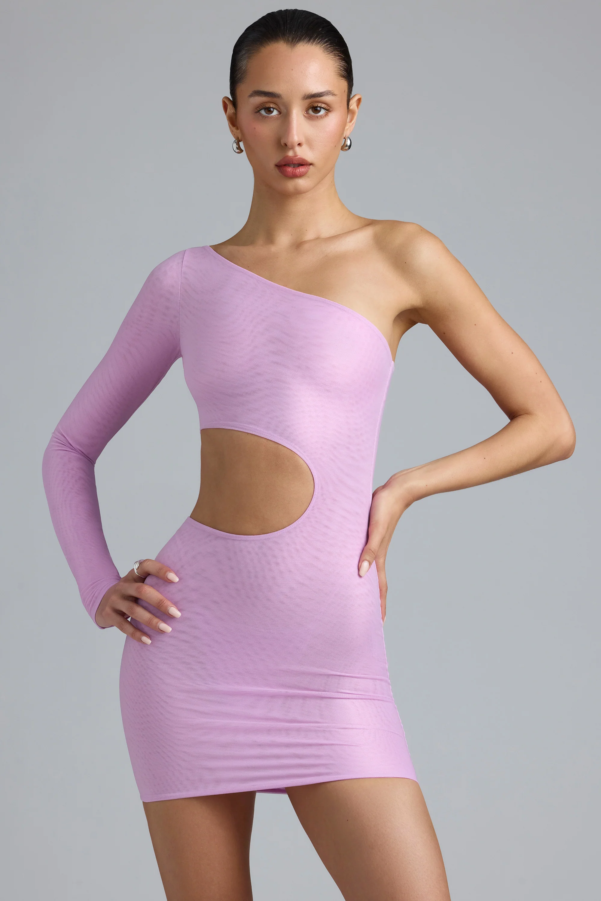 Metallic Cut-Out One-Shoulder Mini Dress in Violet Pink - Image 6