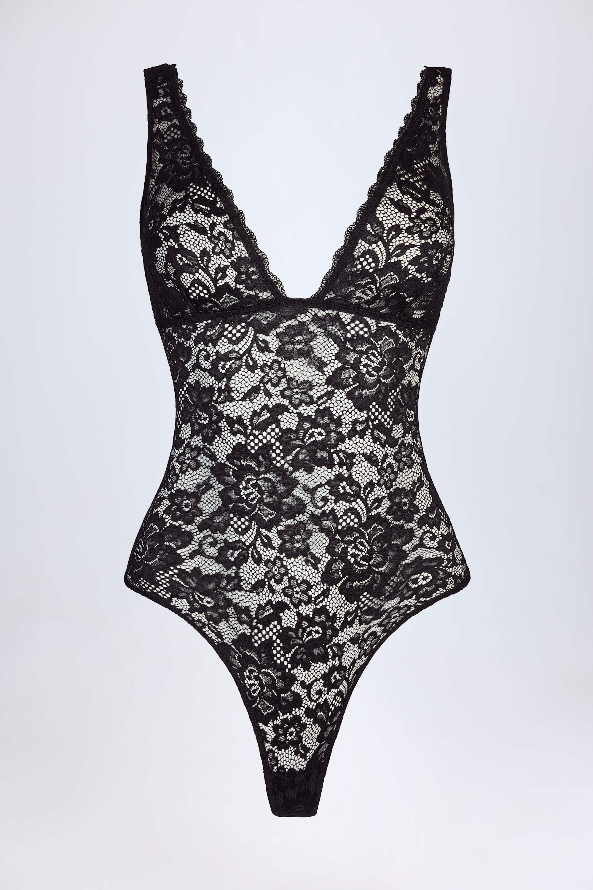 Sheer Lace Scalloped Plunge-Neck Bodysuit in Black - Image 5