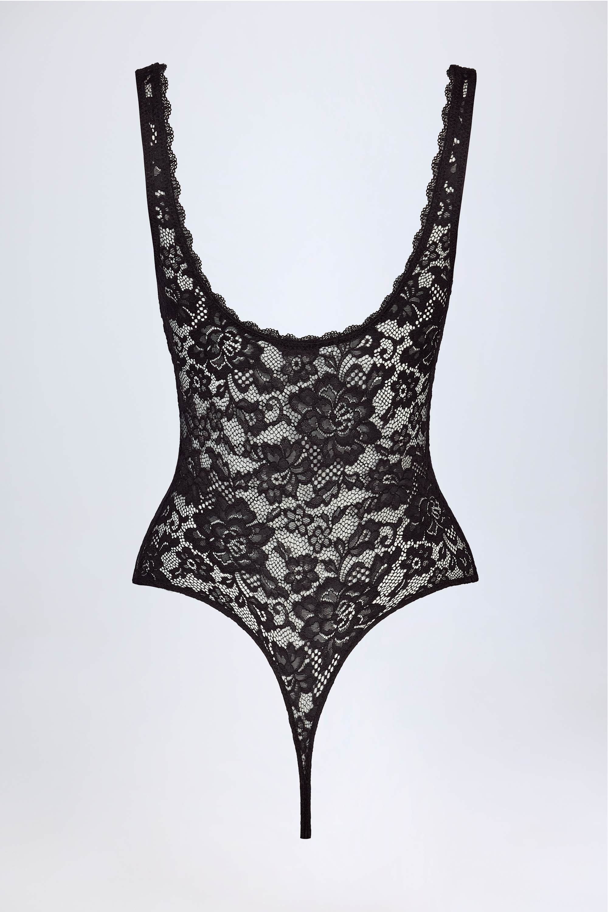 Sheer Lace Scalloped Plunge-Neck Bodysuit in Black - Image 6