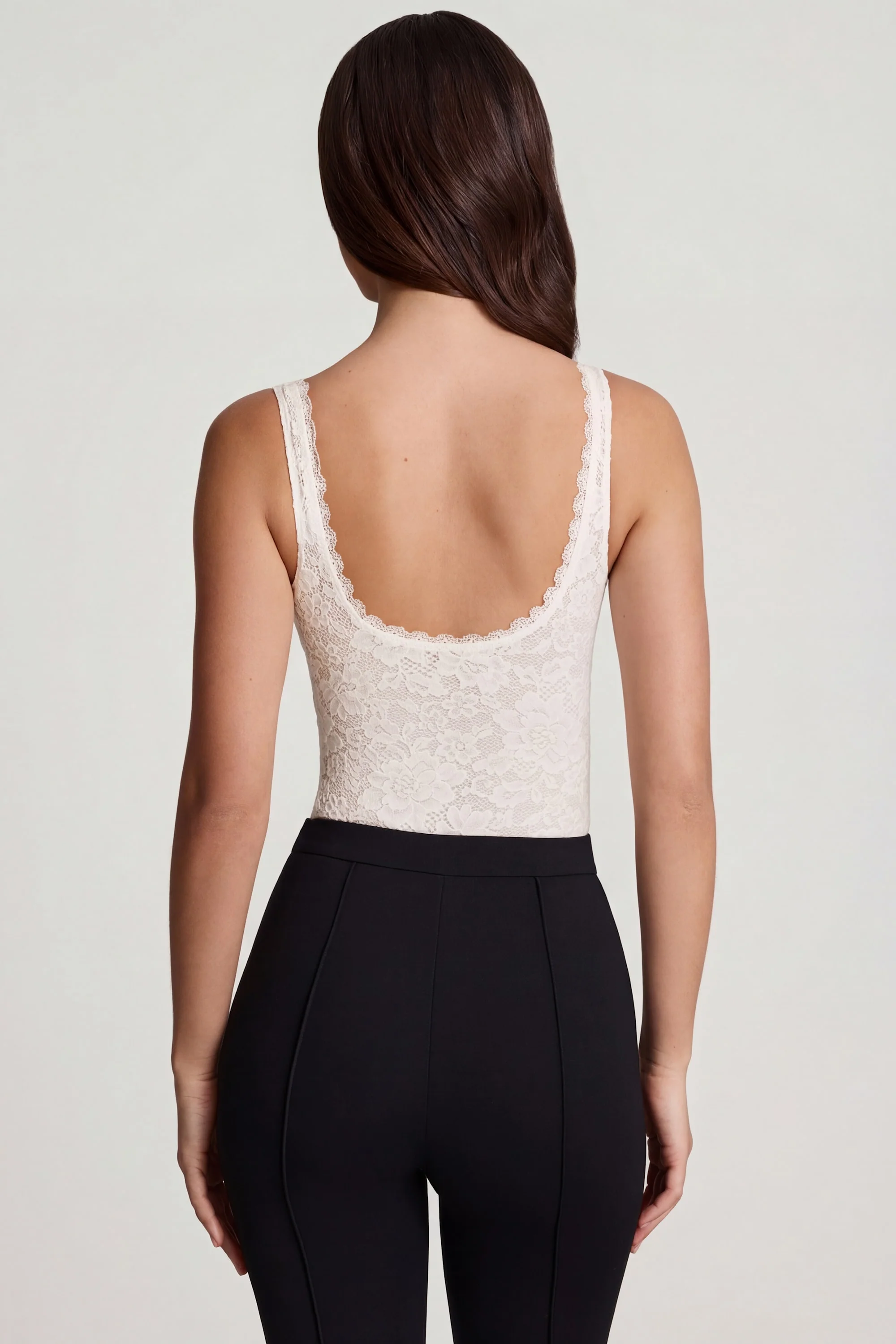 Sheer Lace Scalloped Plunge-Neck Bodysuit in White - Image 3