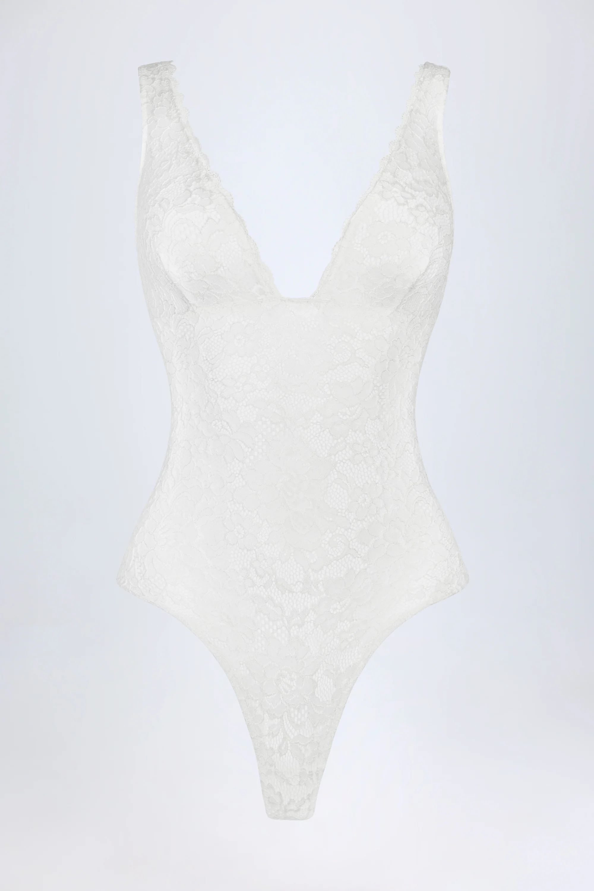 Sheer Lace Scalloped Plunge-Neck Bodysuit in White - Image 7
