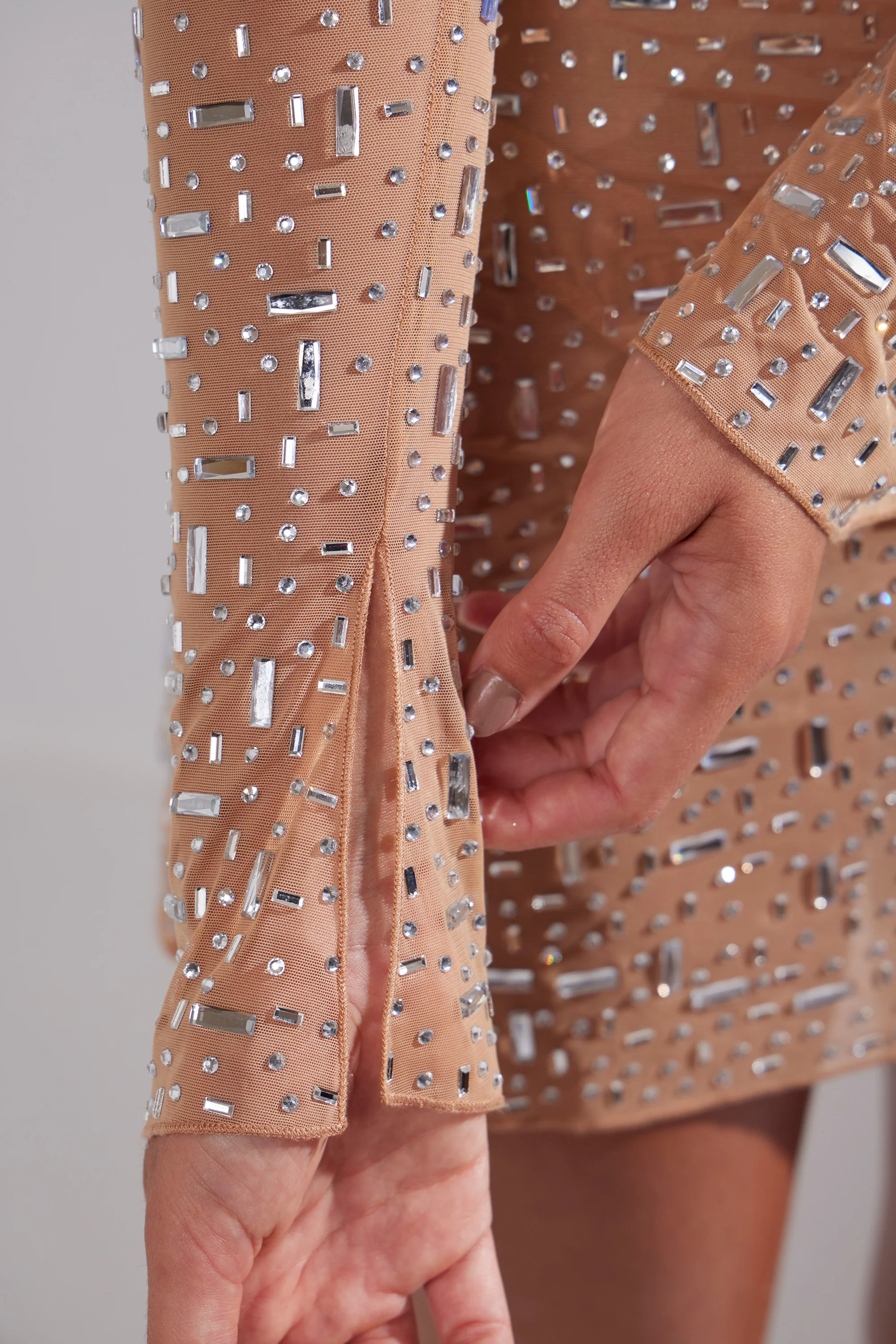 Sheer Embellished Long Sleeve A-Line Mini Dress in Almond - Image 9