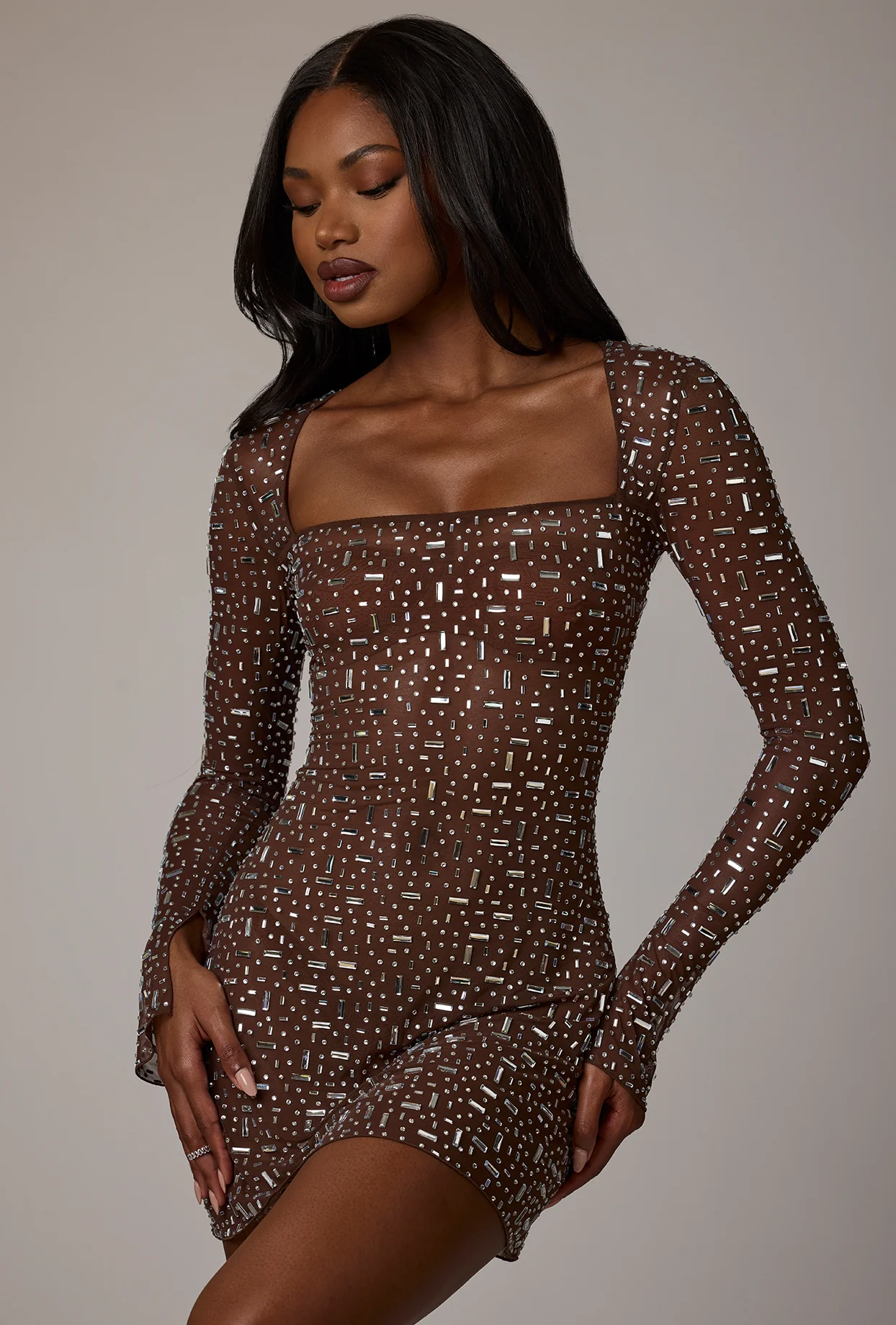 Sheer Embellished Long Sleeve A-Line Mini Dress in Deep Cocoa - Image 10