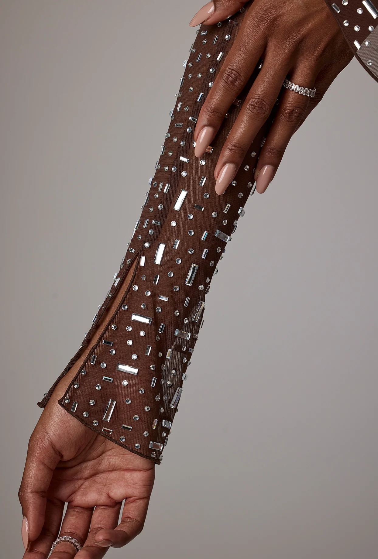Sheer Embellished Long Sleeve A-Line Mini Dress in Deep Cocoa - Image 6