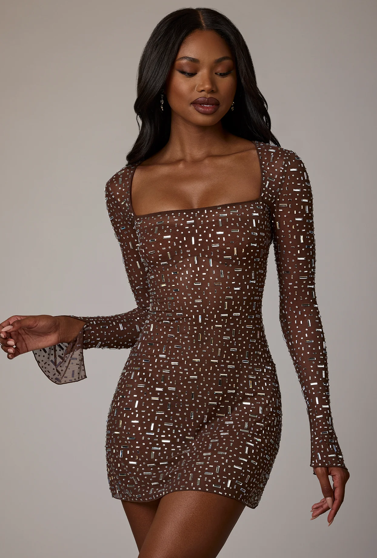 Sheer Embellished Long Sleeve A-Line Mini Dress in Deep Cocoa - Image 7