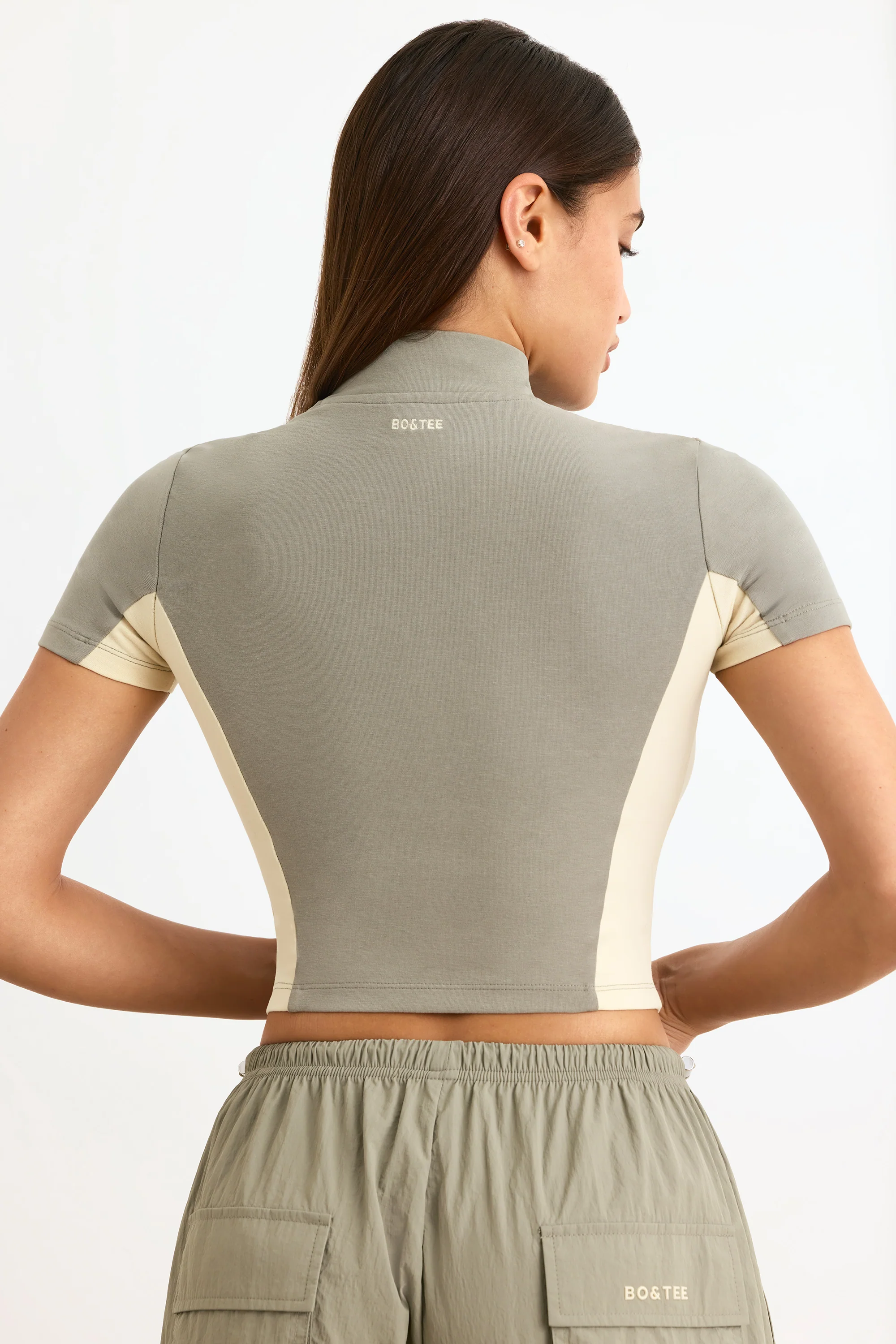 Cotton Jersey Colourblock Zip-Up Crop Top in Mineral - Image 2