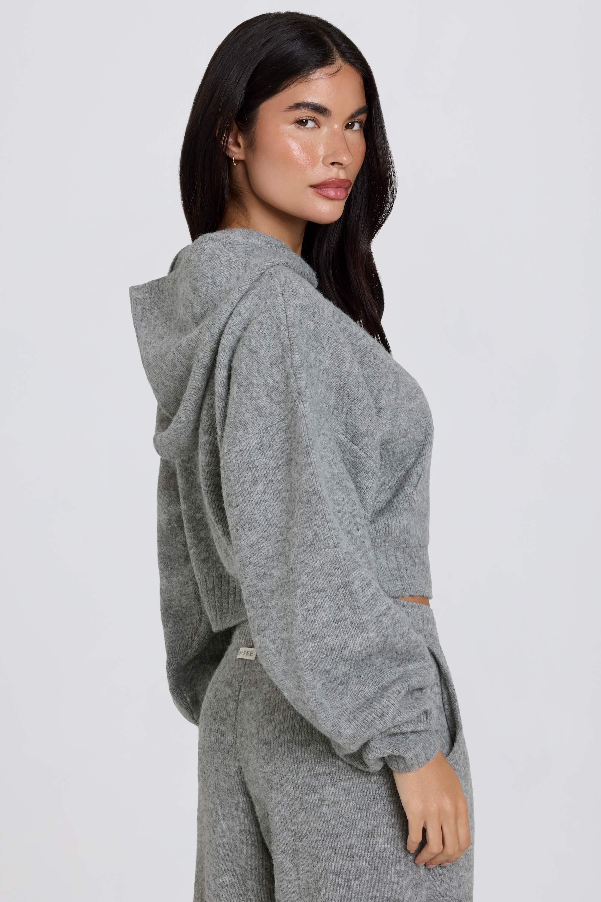 Soft Knit Zip-Up Cropped Hoodie in Grey - Image 2