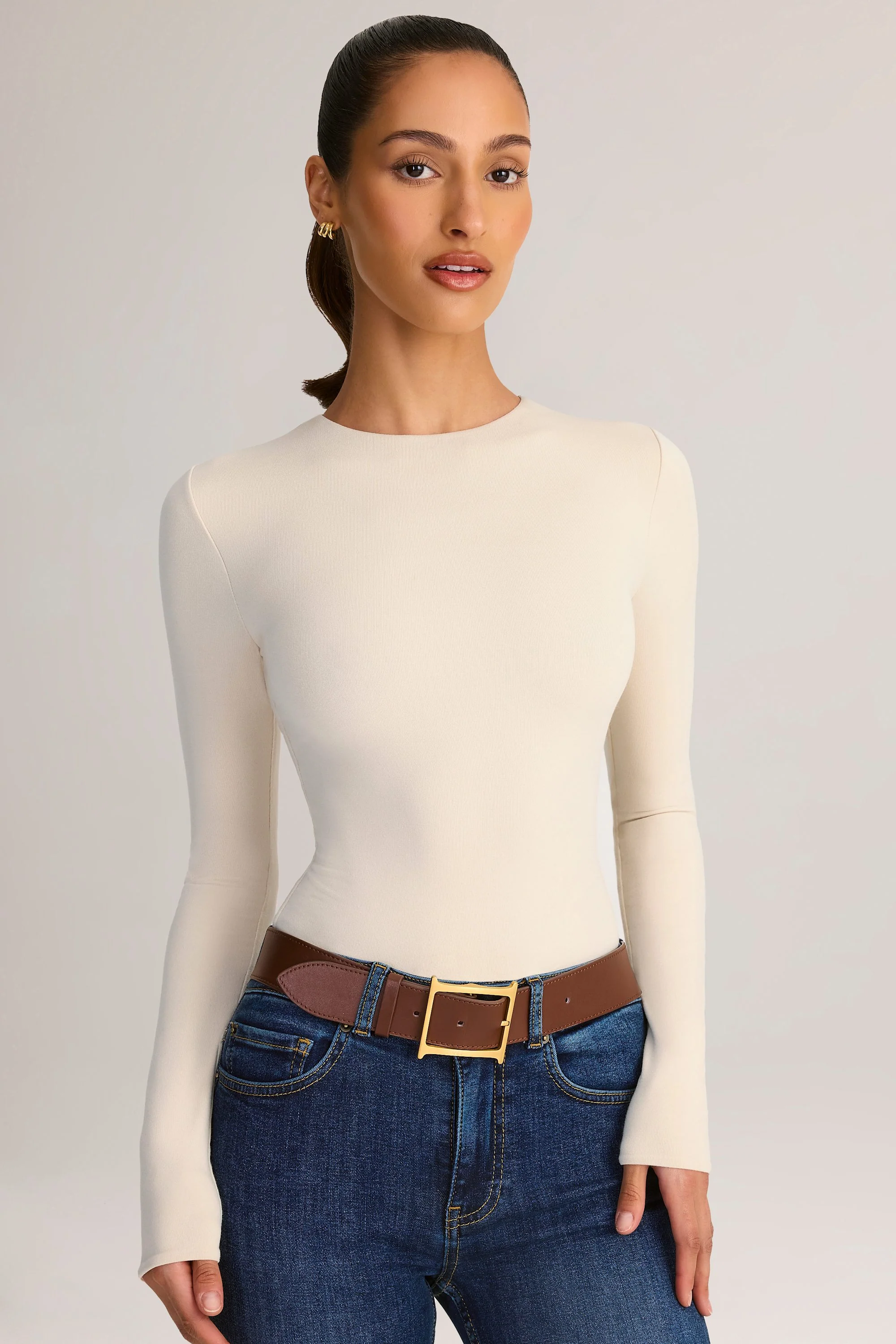 Modal Round-Neck Long-Sleeve Bodysuit in Cream - Image 5